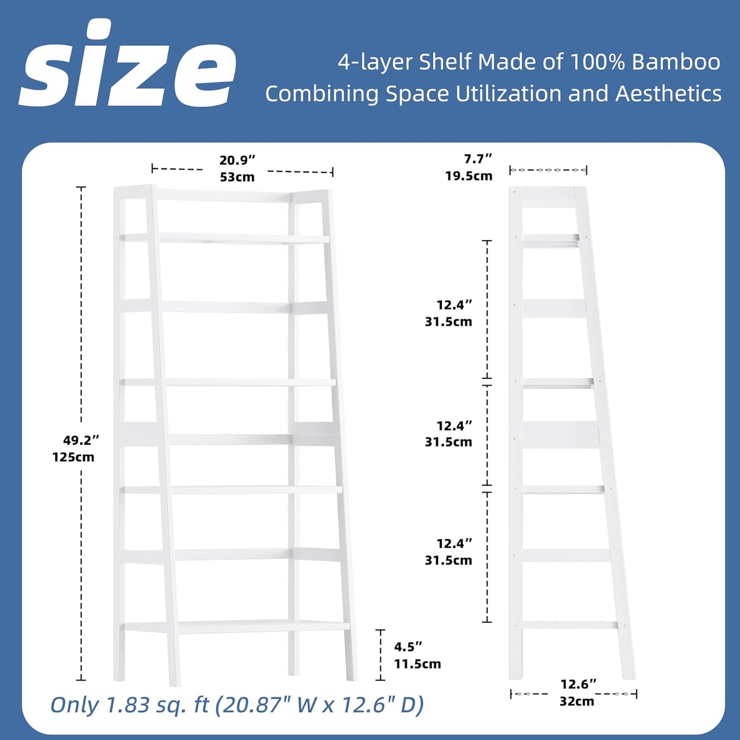 HITNET White Ladder Bookshelf, Leaning Bookcase, 4-Tier Bamboo Shelf, Floor Standing Storage Shelving Unit, Open Display Book Shelves
