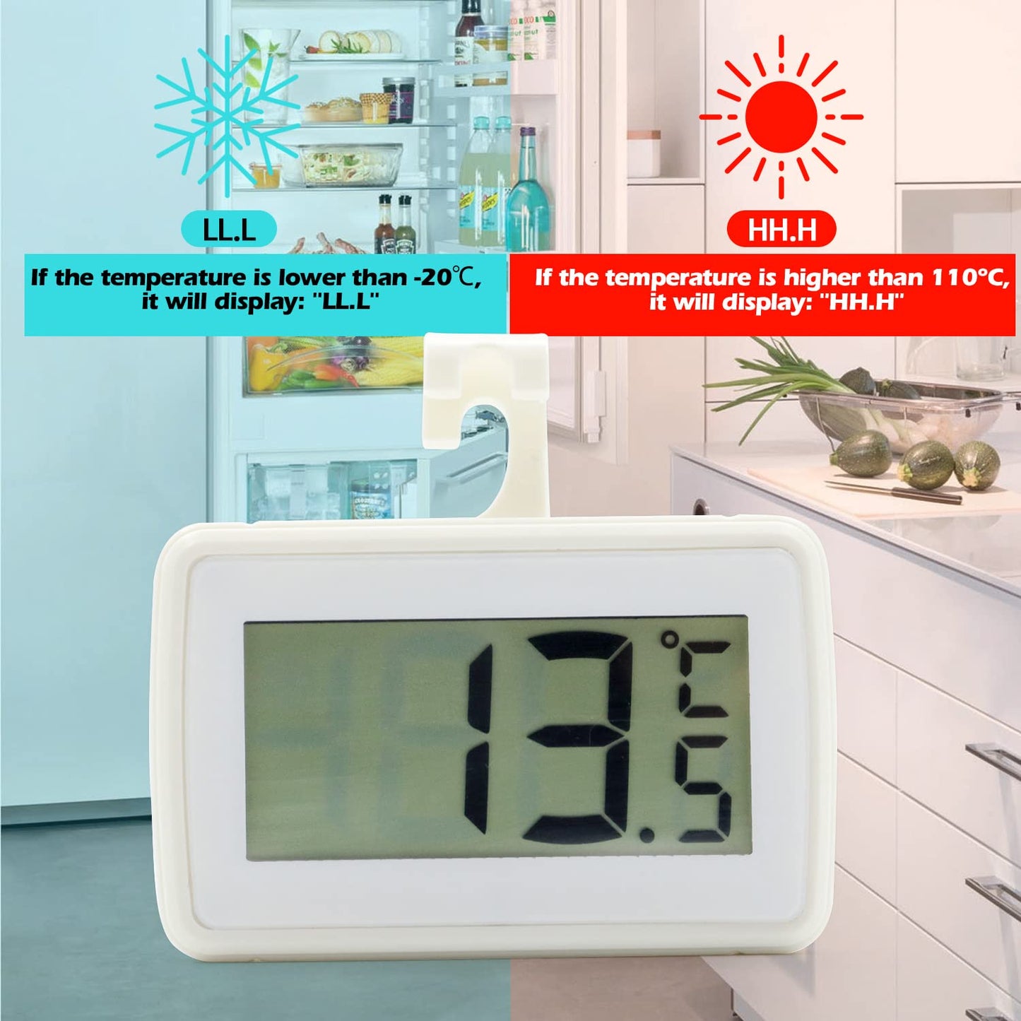 4 Pack Digital Refrigerator Thermometer, Waterproof Freezer Room Thermometer,High Precision Fridge Alarm Thermometer with Hook for Kitchen Home, °C/°F Convertible
