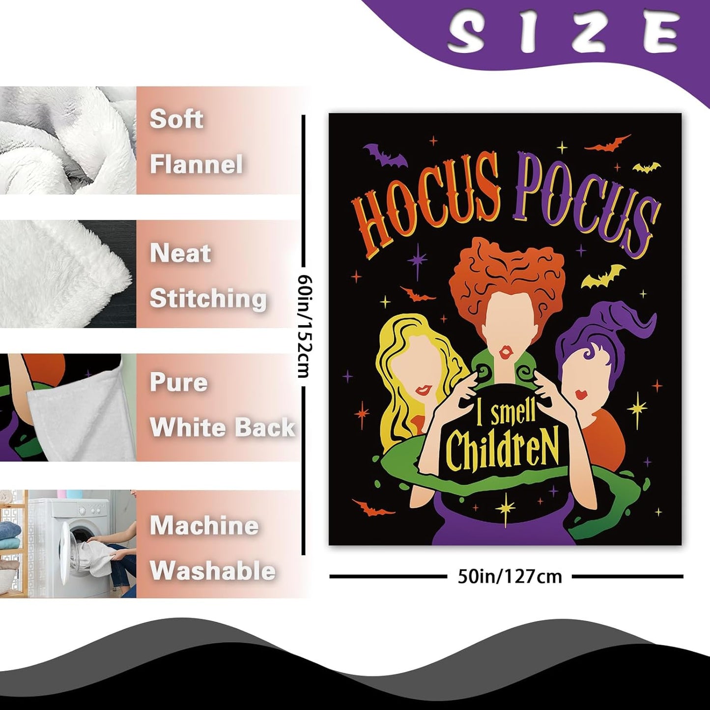 Halloween Hocus Pocus Witches Flannel Throw Blanket, I Smell Children Cauldron Gifts for Kids Men Women, Funny Bats Soft Blankets for Bedding Sofa 50 x 60 Inches