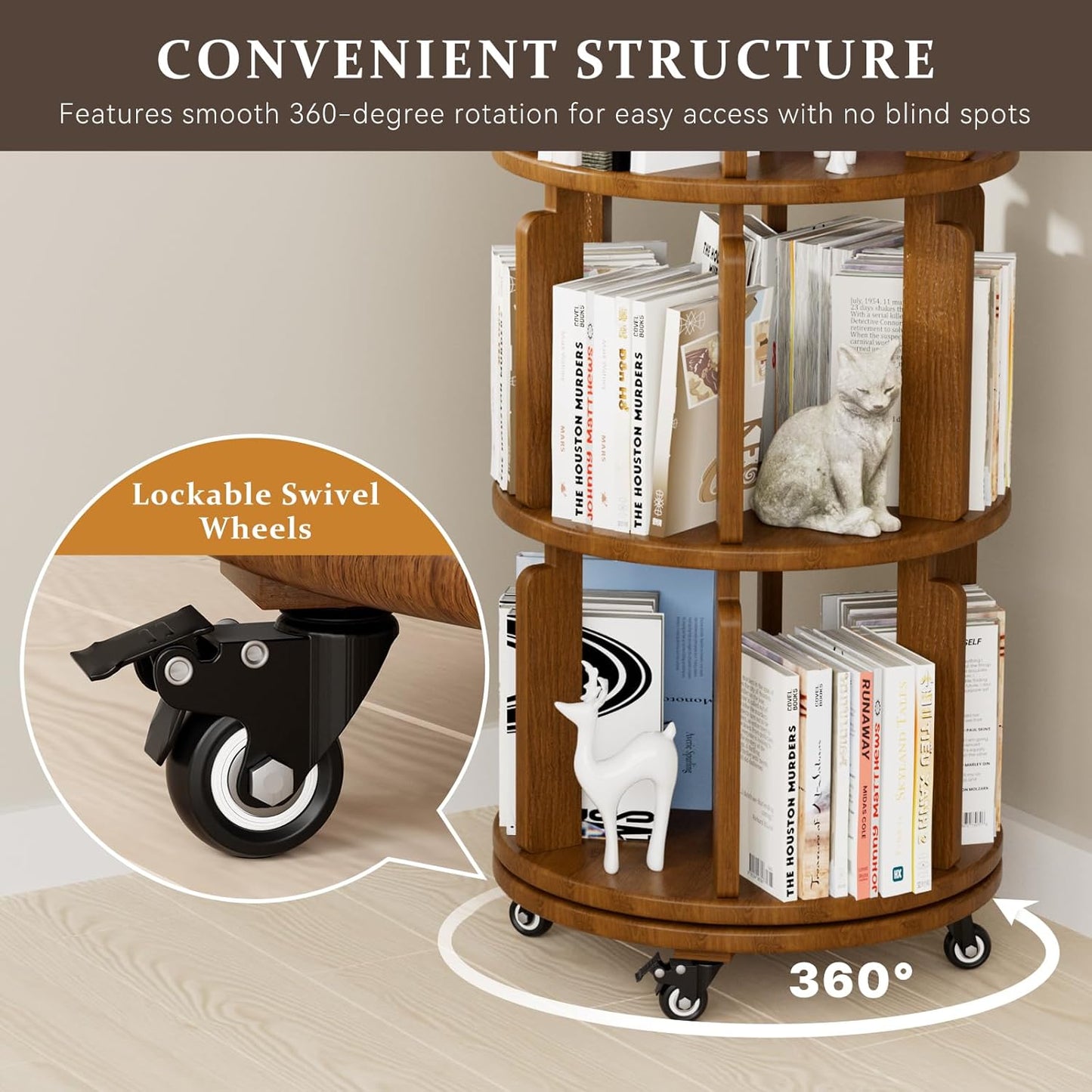 6 Tier Rotating Bookshelf Tower, 360° Spinning Bookcase with Wheels, Solid Wood Round Revolving Shelf for Living Room, Office, Small Spaces, Ergonomic Design for Kids & Adults