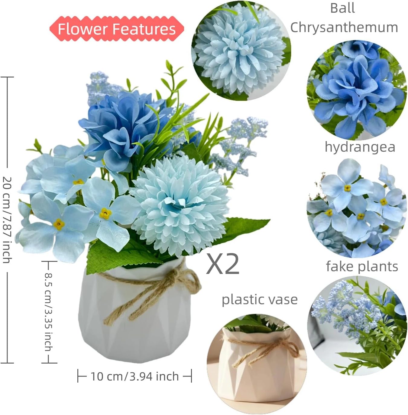 2 Pcs Blue Hydrangea Artificial Flowers Bathroom Decor Fake Flowers in Small Flower Vases for Centerpieces Floral Arrangements Home Indoor Kitchen Tables Living Room Tv Stand Nightstand Decor