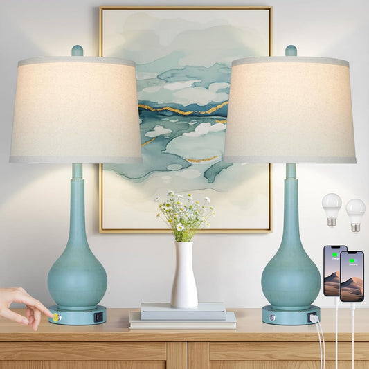 26" Farmhouse Table Lamps for Living Room Set of 2, 3-Way Dimmable Touch Control Bedside Lamp with USB A+C Ports, Retro Blue Nightstand Lamps for Bedroom (2 LED Bulbs Included)