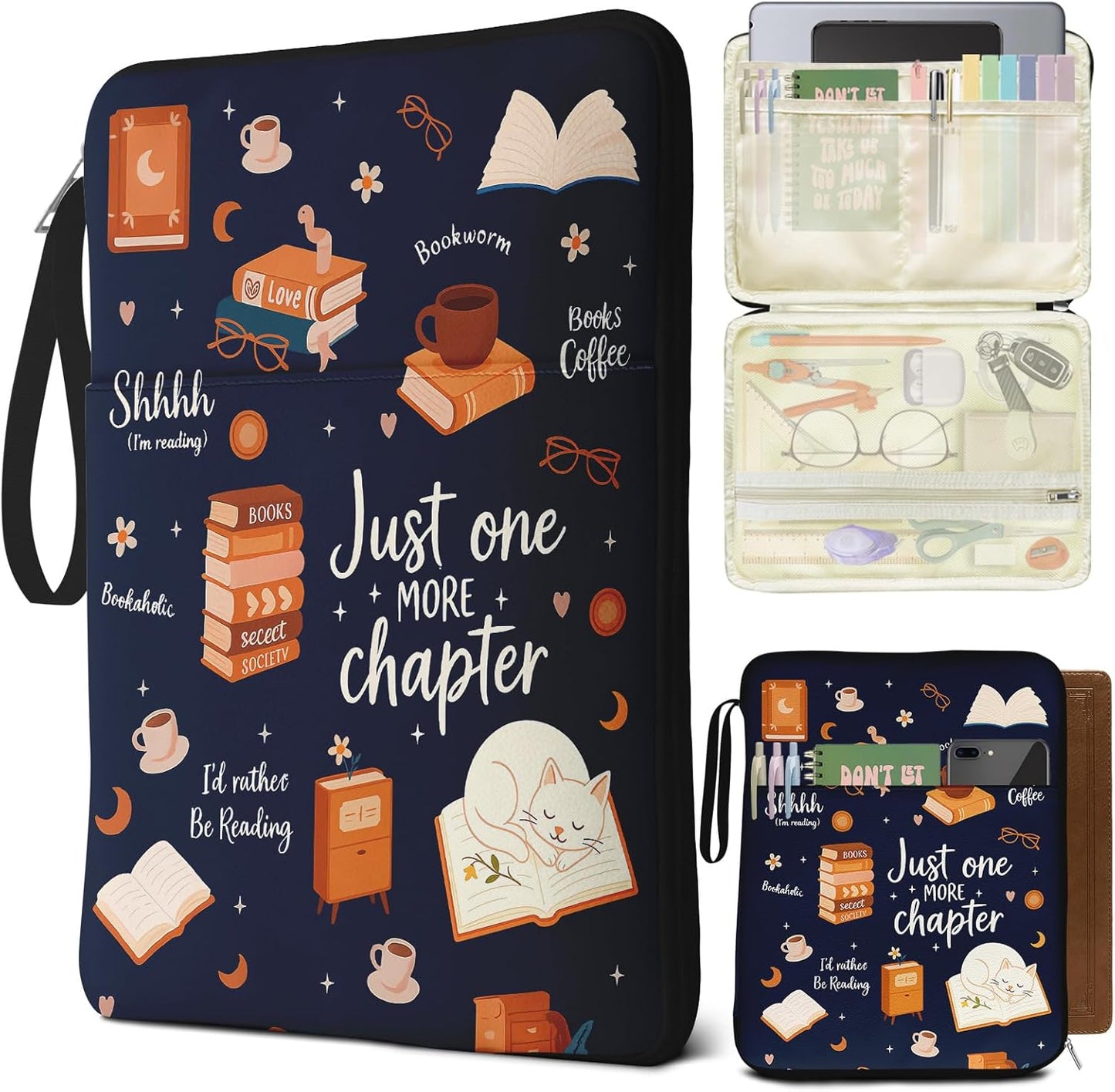 Book Sleeve for Book Lovers,Just One More Chapter Waterproof PU Leather Travel Book Carrying Case,Book Pouch with Zipper,Cute Cat Book Portable Book Protector Cover Bag for Hardcover Paperbacks Gift