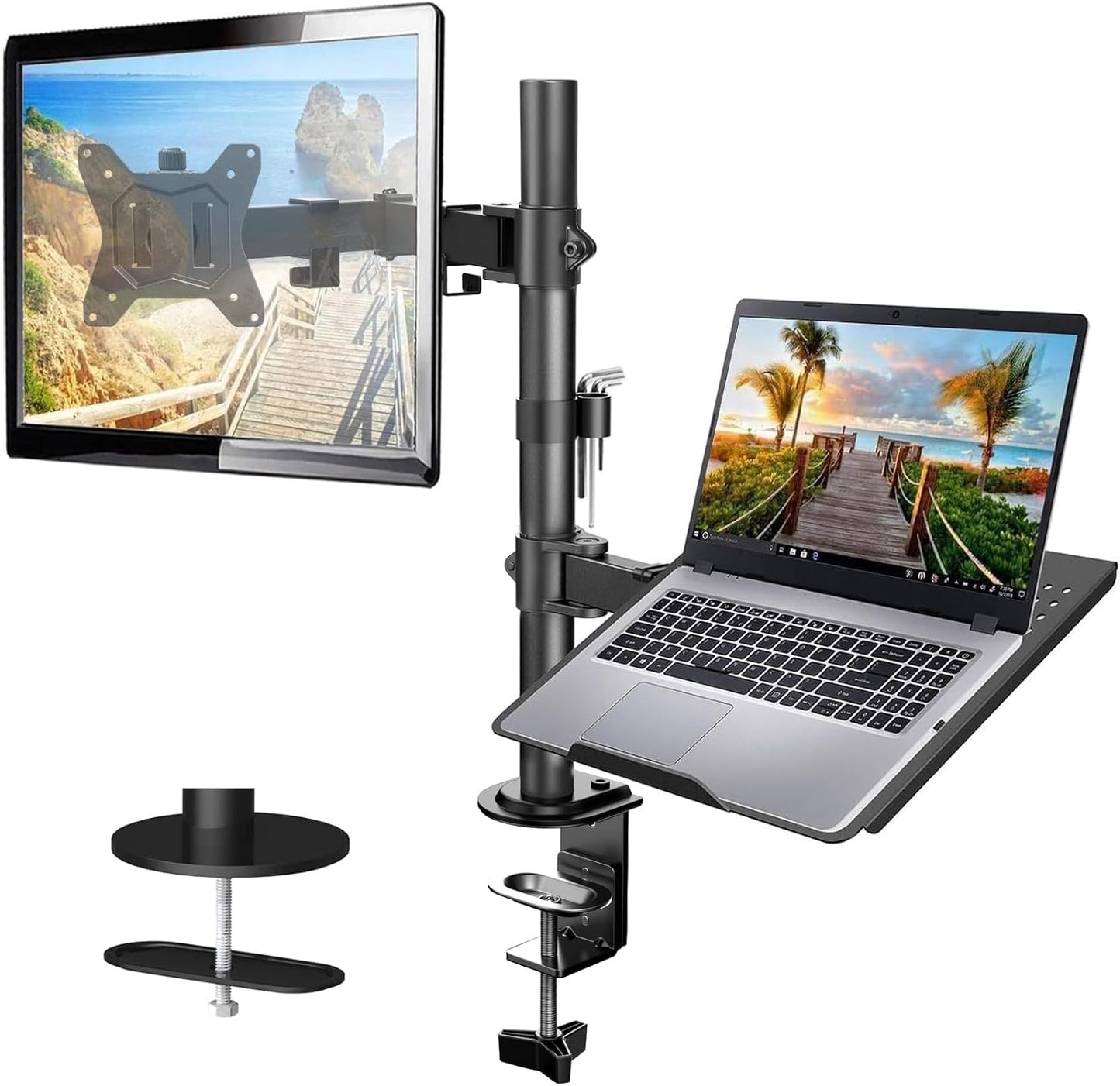 HUANUO Adjustable Monitor Stand, Single Arm Desk Mount for 32 inch Screen and 17 inch Laptop, Heavy Duty Ergonomic Bracket Holds 22lbs