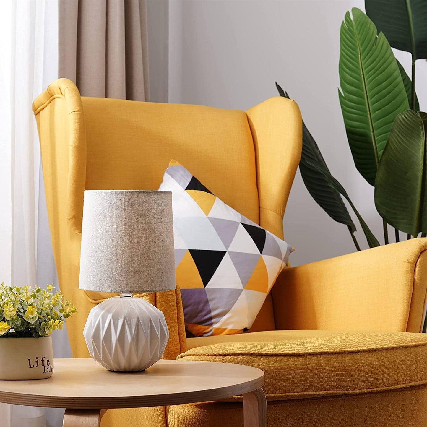 White Ceramic Table Lamp, Geometric Textured Small Bedside Lamp with Linen Shade, Mid Century Modern Nightstand Lamp for Bedroom Living Room Reading Room, H 12" x W 6.7", 7W LED Bulb Included