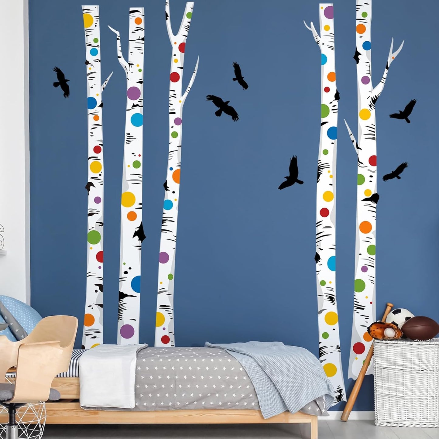 Birch Tree Wall Decals – Colorful Polka Dot Birch Tree Stickers for Aisle Bedroom Office Sofa TV Backdrop, Removable Peel and Stick Decal, Easy DIY Home Décor (5 Trees, H63)