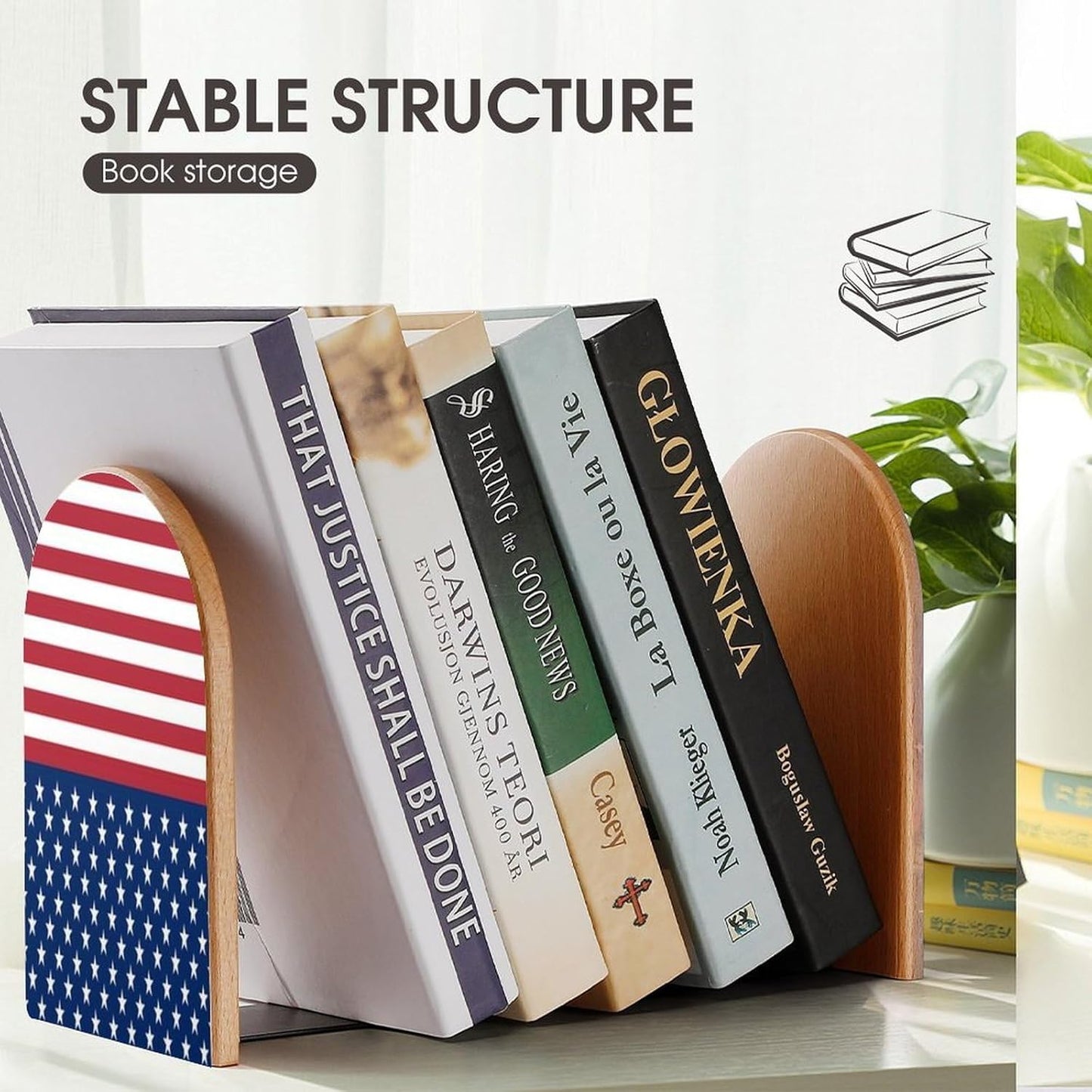 American Flag Stars Stripes Wooden Bookend Non-Slip Book Ends Heavy Duty Book Stopper with Metal Base Books Holderd Decorative Bookends Stands Firmly for Office Supplies