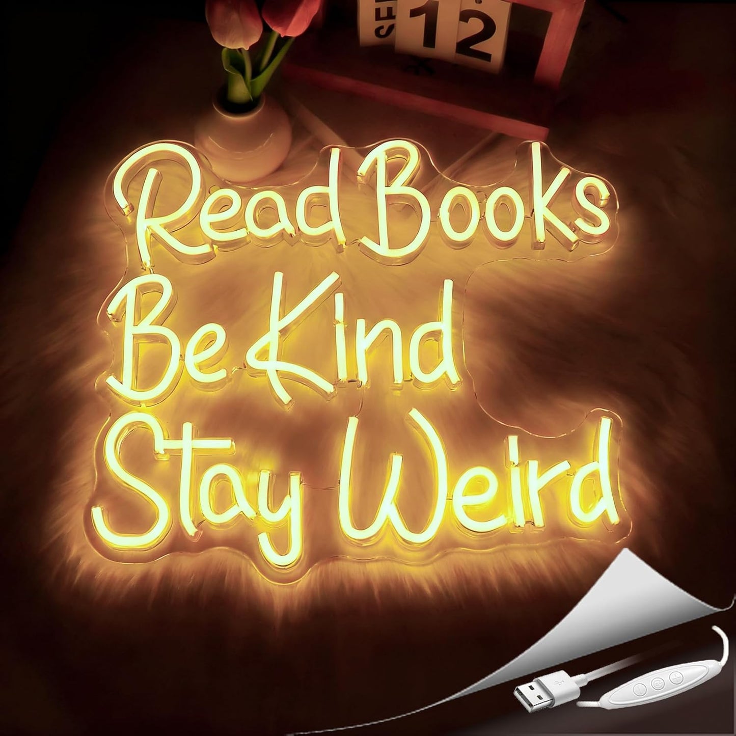 Neon Sign, Read Books Be Kind Stay Weird Neon Signs for Wall Decor Warm White LED Neon Light Up Signs Home Decor for Study Room Bookstore Bedroom Business Club Decoration USB Operated