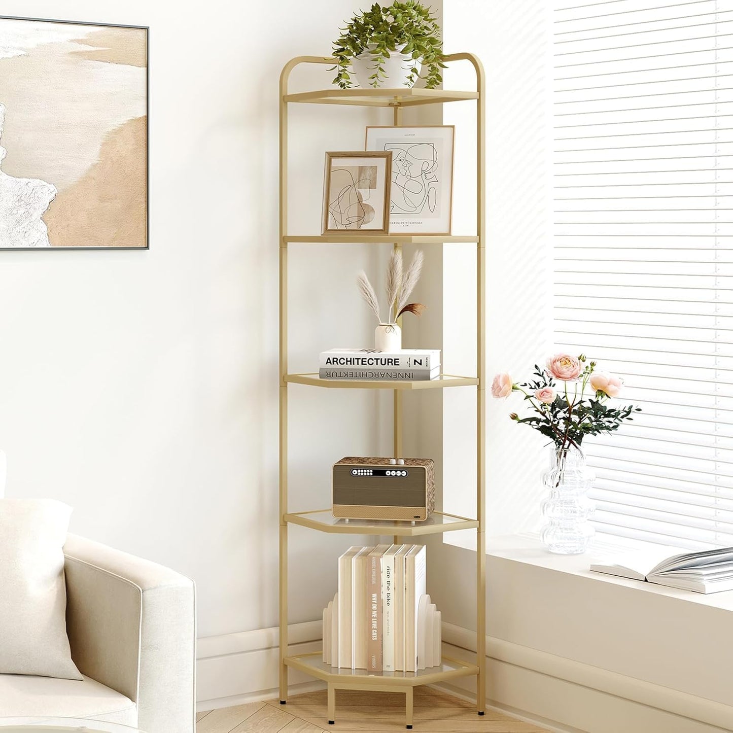 Corner Shelf Stand, 5-Tier Glass Bookshelf Bookcase, Bathroom Organizer, Plant Stand, Steel Frame, Tempered Glass, Modern Style for Living Room, Bathroom, Kitchen, Golden CS90200G