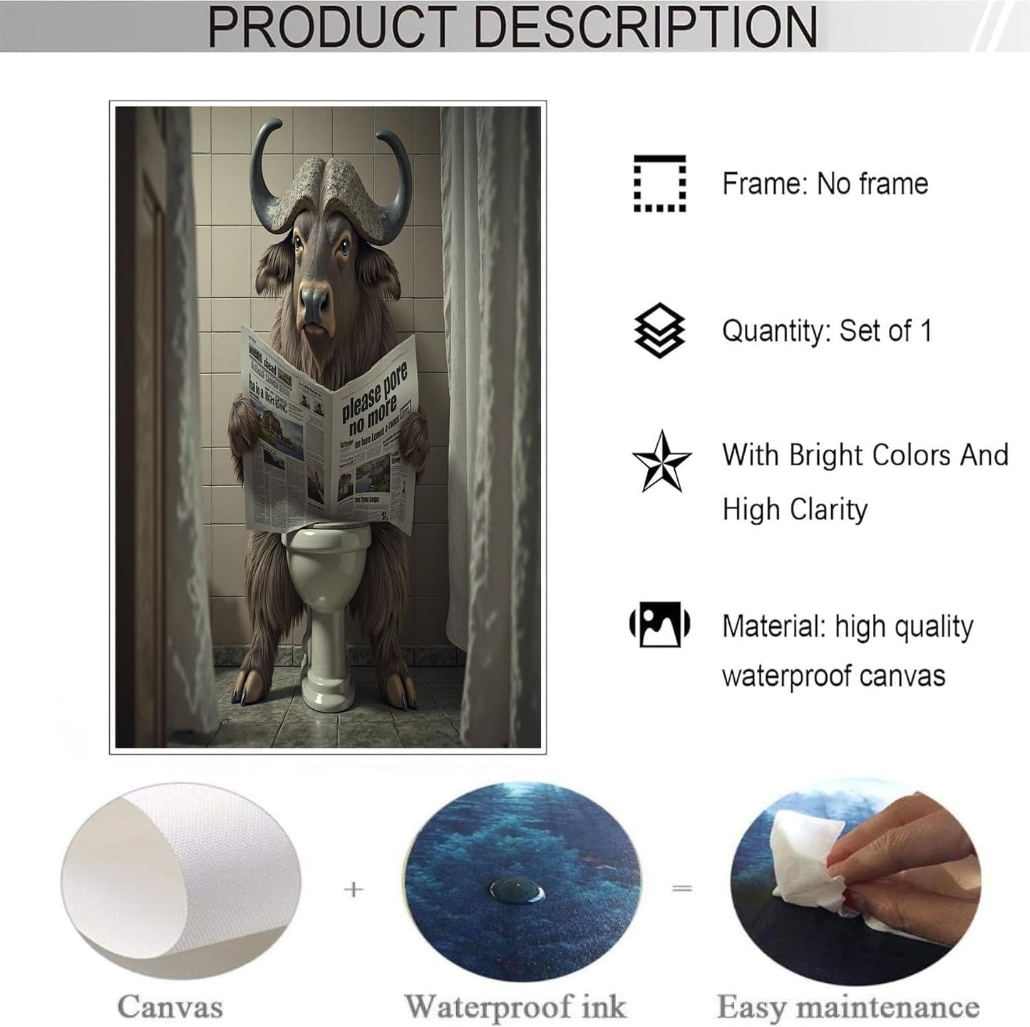 Exaggerated Animal Canvas Wall Art Water Buffalo Sitting On The Toilet Reading Newspaper Wall Decor Dark Brown Poster Print Artwork For Living Room Yoga Room Hotel Bedroom Home Decoration 24 X 36 Inch