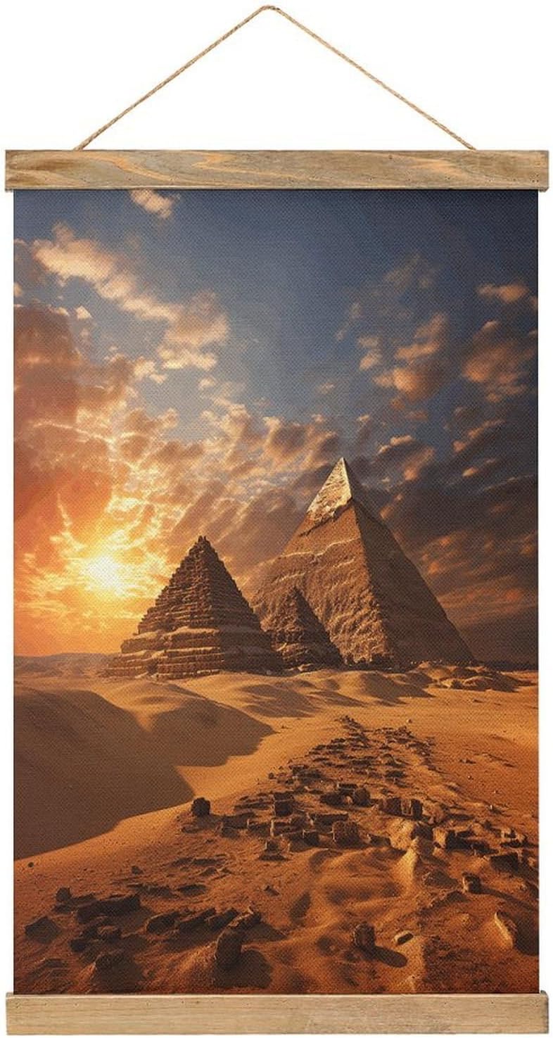 Vintage Egyptian Pyramids Poster with Wooden Frame Personalized Linen Hanging Scroll Painting Rustic Wall Hanging Illustrative Modern Artwork Decor for Home Living Room Bedroom Office