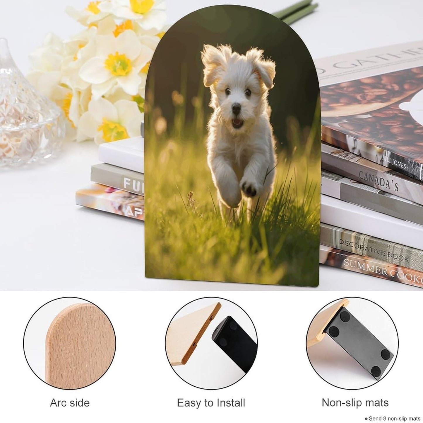 Puppy Crossing The Grass Bookend for Shelves Wooden Book End Large Size Sturdy Book Holders Stoppers with Metal Base for Bookshelves Slick Decorative Bookends Stands
