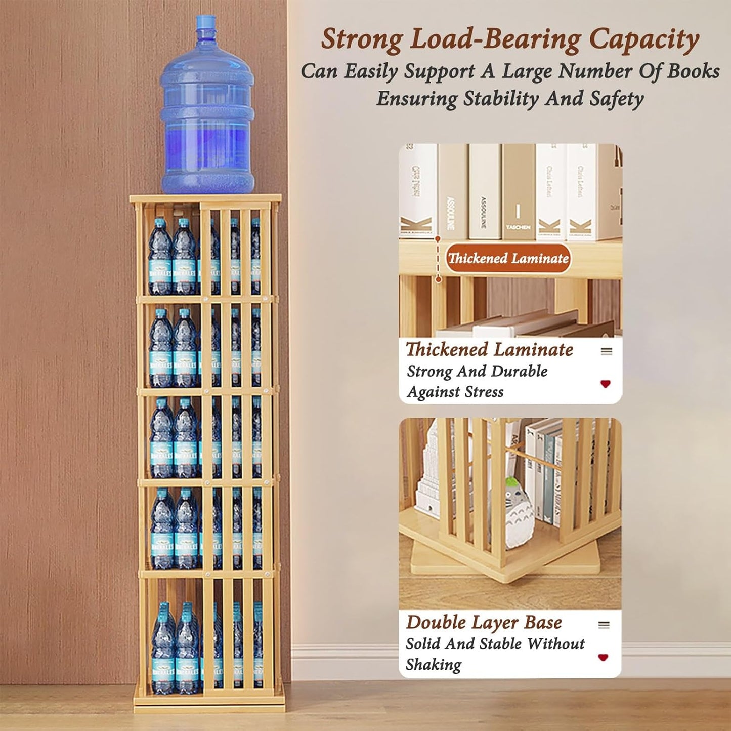 Bamboo Rotating Bookshelf Tower 360° Rotating Bookshelf For Space Saving 5/6 Tier Kids Bookshelf Small Corner Bookshelf Floor Standing Bookcase Storage Rack For Bedroom Living Room Kids Rooms(Brown,37