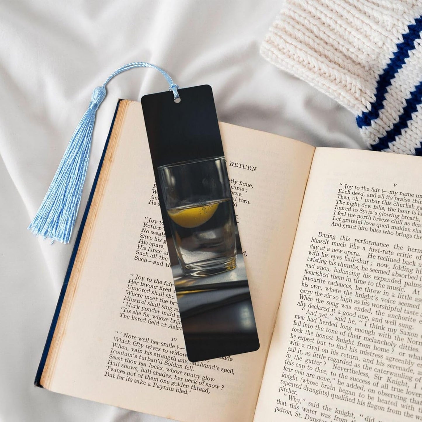 Glass of Water with Lemon Bookmarks Gifts for Women Men, Wooden Bookmarks for Book Lovers, Vintage Book Marks Ornaments with Tassel, Unique Personalized Reading Page Markers Sky Blue