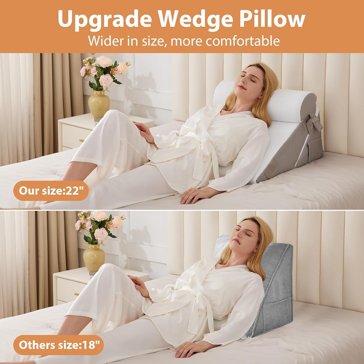 Wedge Pillow Set for After Surgery, Wedge Pillow for Acid Reflux, Bed Wedge Pillow with Adjustable 9&12inch for Headboard,Sleeping, Orthopedic Memory Foam for Neck&Back Support, White/Grey