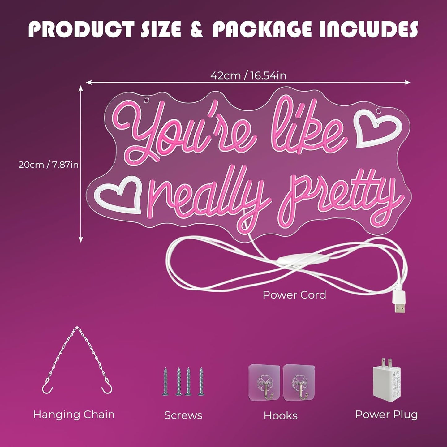 You're Like Really Pretty Neon Sign, 16.5 * 7.8 Inches Led Sign, Neon Signs for Wall Decor with Dimmable Switch, USB Power Light up Sign, Pink Neon Lights for Teen Girls Bedroom, Salon, Party