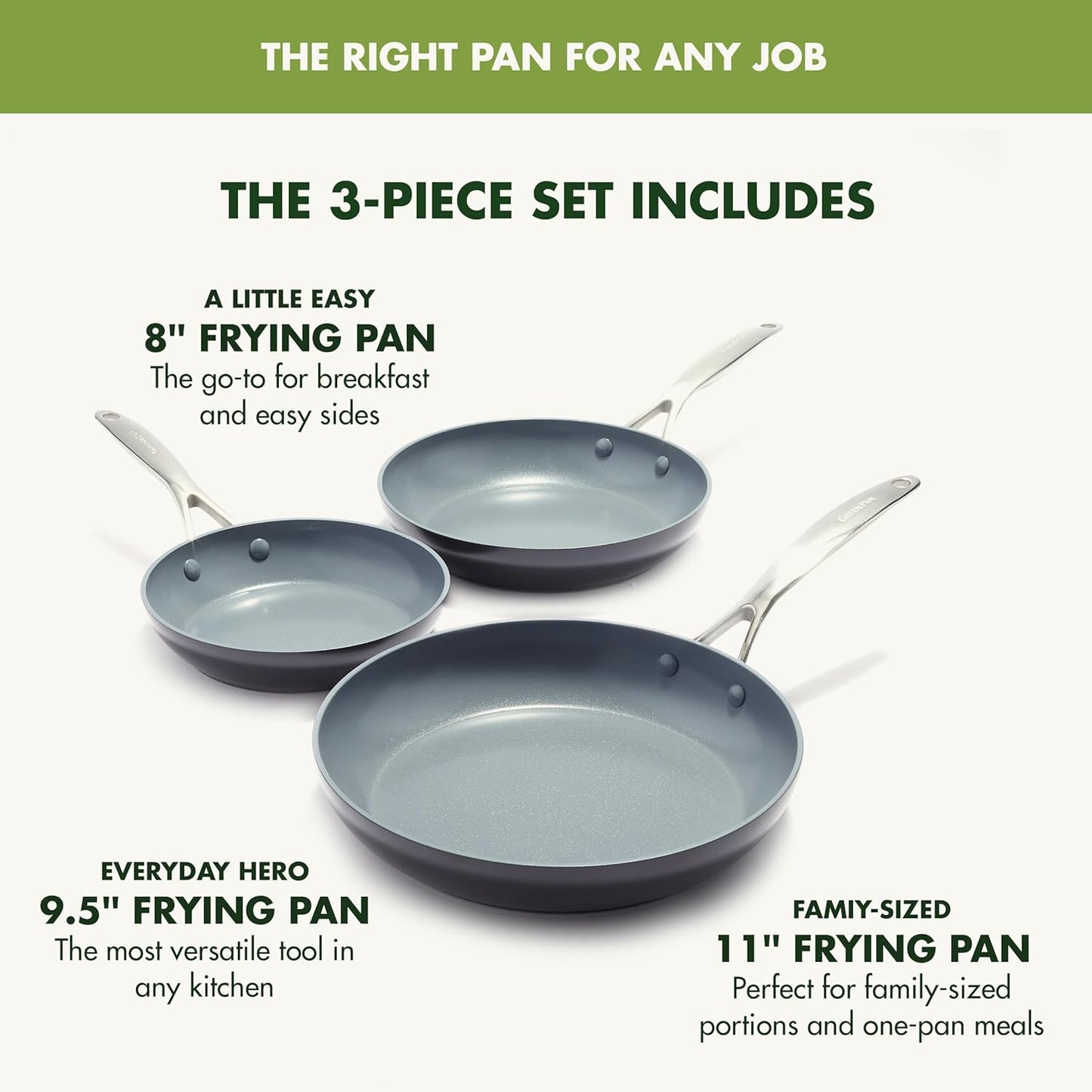GreenPan Valencia Pro Ceramic Nonstick 8" 9.5" & 11" Fry Pan Skillet Set, Hard Anodized PFAS-Free, Induction Ready, Compatible on All Cooktops, Dishwasher Safe, Oven Safe to 600F, Gray