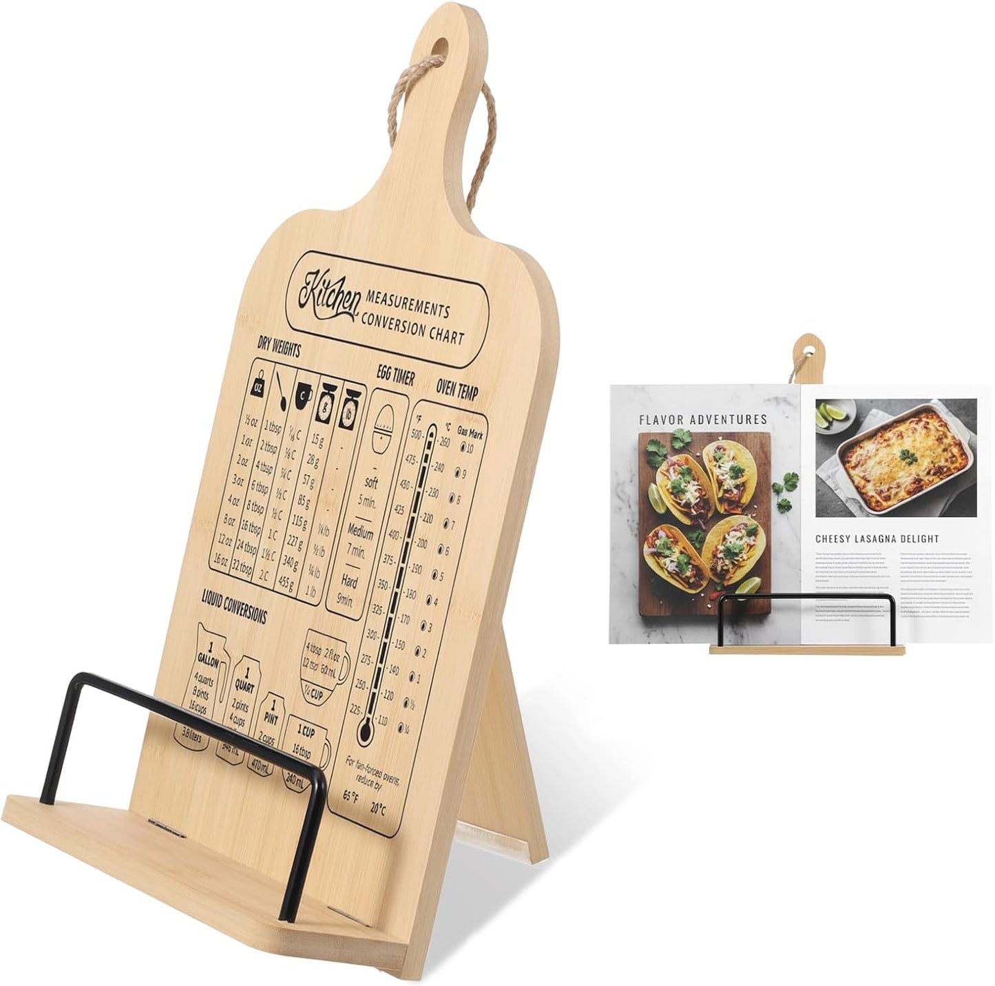 Bamboo Cookbook Stand for Kitchen Counter, Foldable Cook Book Holder with Measurement Conversion Chart Recipe Book Stand Essential Accessories for Holding Cookbooks