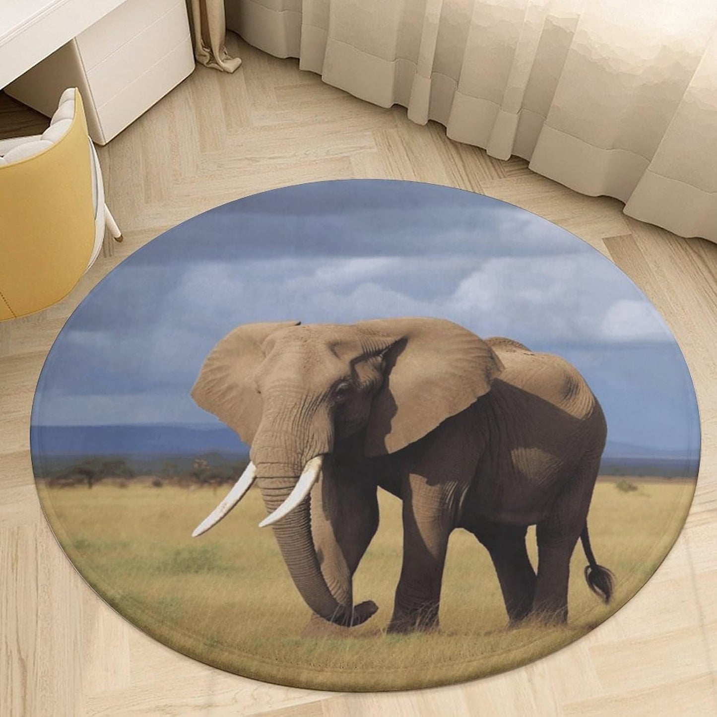 Africa Grassland Elephant Circle Rug Retro Luxury Coral Velvet Floor Mat Non Slip Soft Indoor Floor Carpet Comfy Thickened Area Rugs Modern Aesthetic Minimalist Carpets for Home Decor