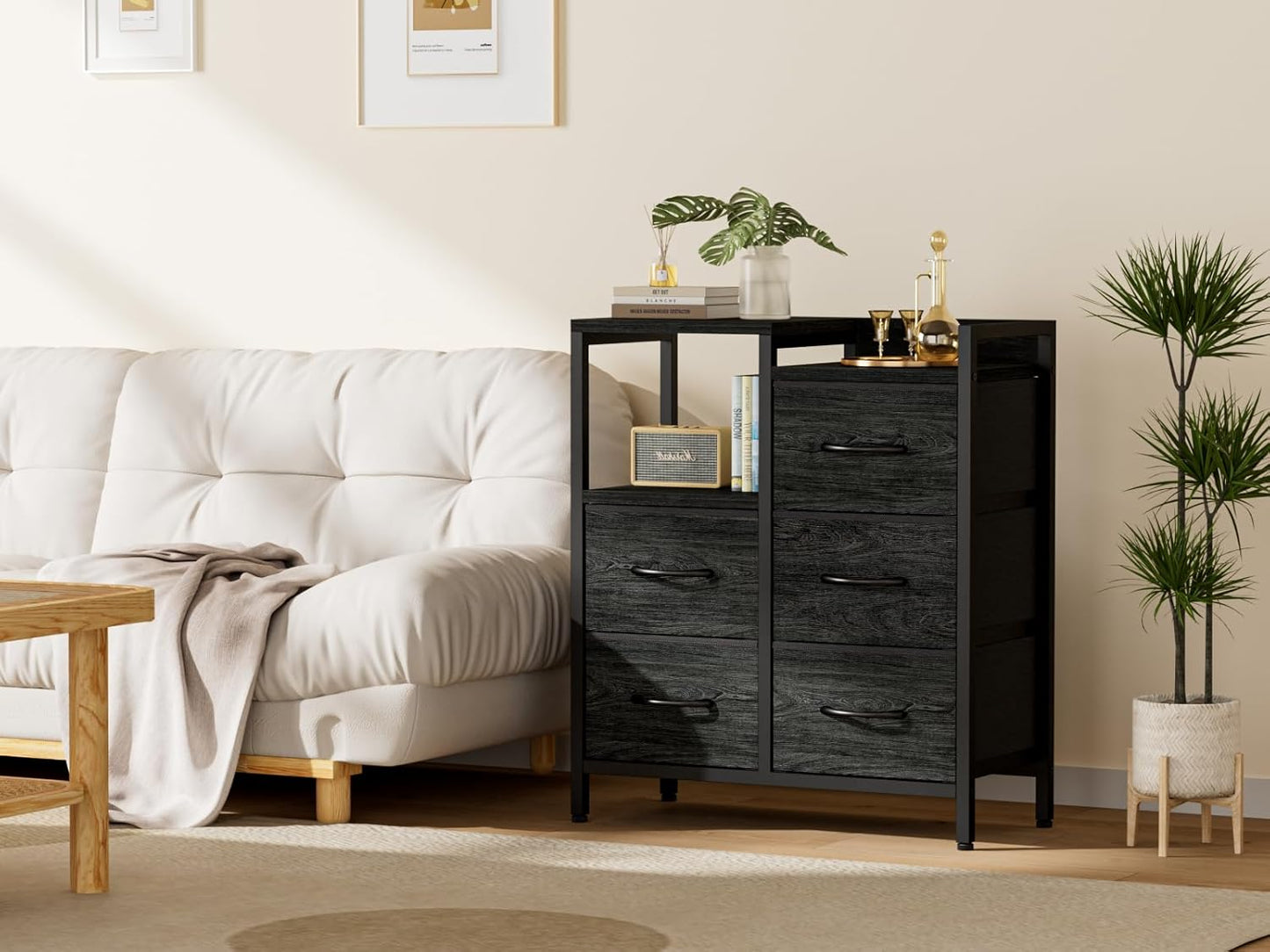 Furnulem 5 Drawer Black Dressers for Bedroom 2 Tier Shelf Storage Small Fabric Dresser for Closet Sturdy Metal Frame Modern Style Storage Cabinets Organization Units for Hallway Rooms