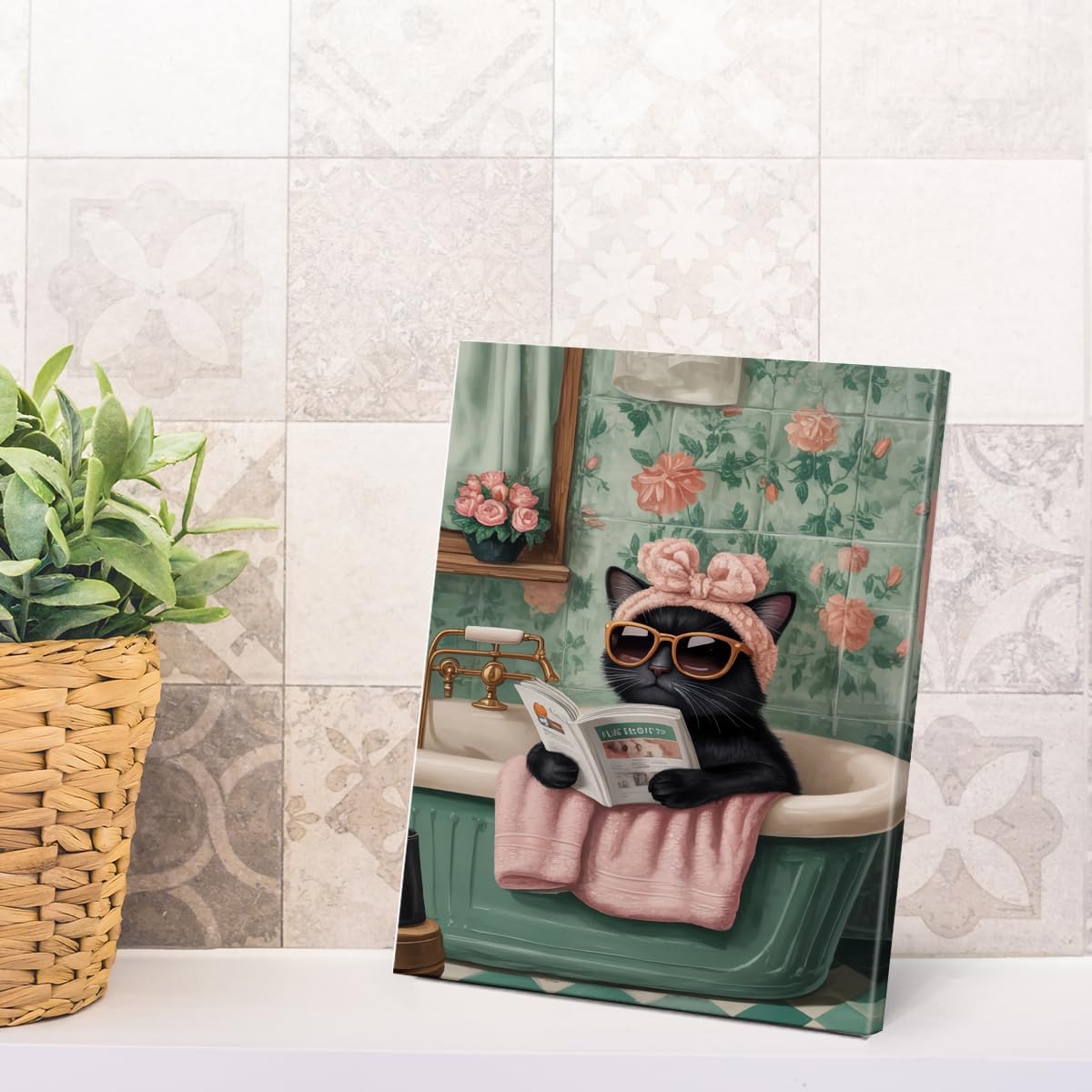 Funny Modern Cat Bathroom Wall Art Print - Cute Cat Reading in Bathtub Poster Picture - Floral Aesthetic Bathroom Wall Decor Canvas Framed 8x10 Inches