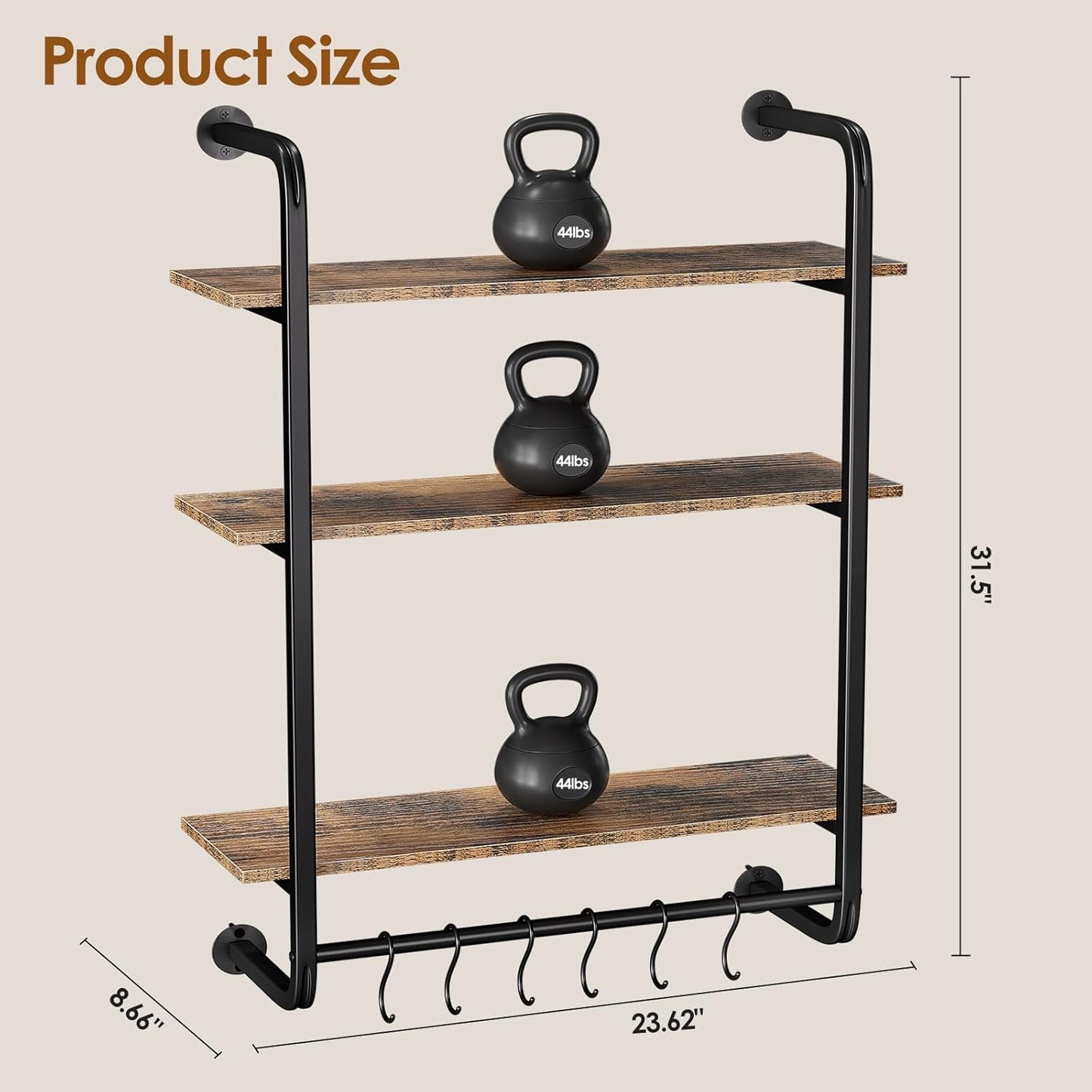 3 Tier Industrial Pipe Shelving, 24" Kitchen Shelves Wall Mounted with 6 Hooks, Coffee Bar Shelves Display Bookshelf Wall Shelf for Bedroom, Bathroom, Home Décor, Rustic Brown