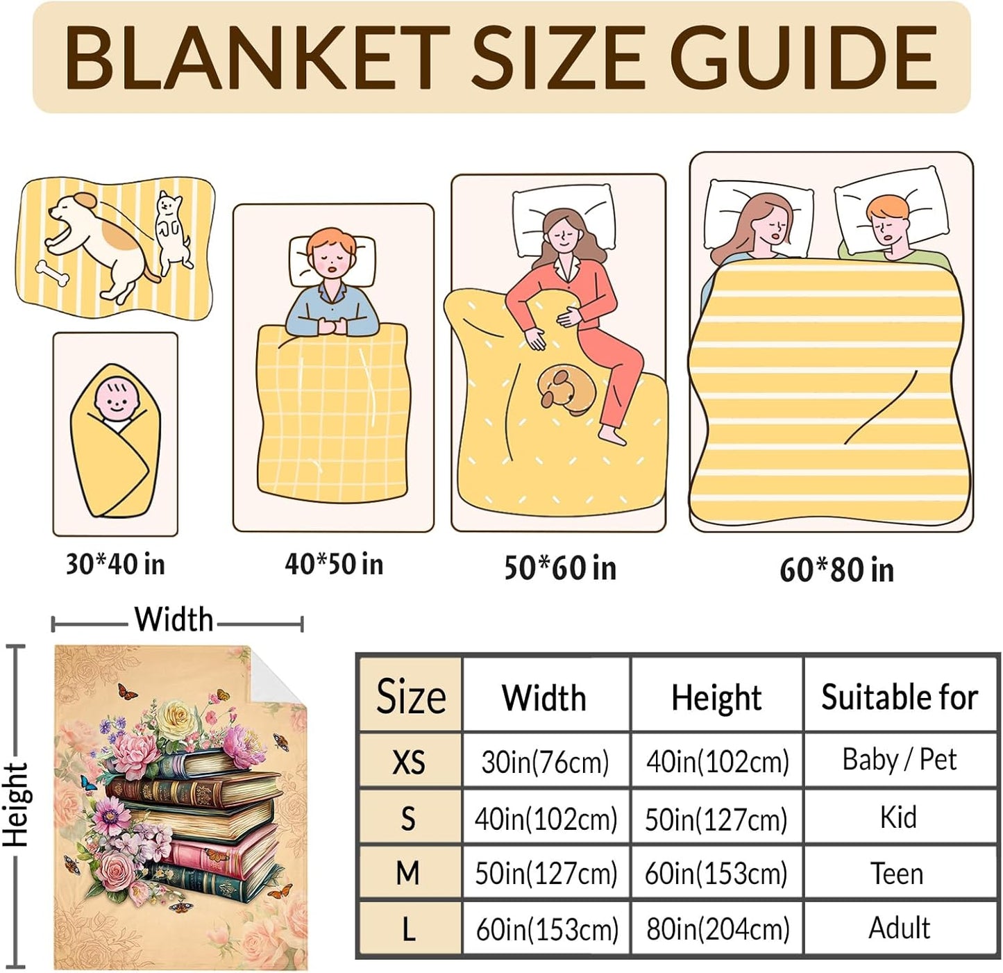 Girls Book Blanket for Daughter Mom, Floral Throw Blankets 40x50 Inches Lightweight Soft Cozy Reading Throw for Sofa Couch Bed Home Decor