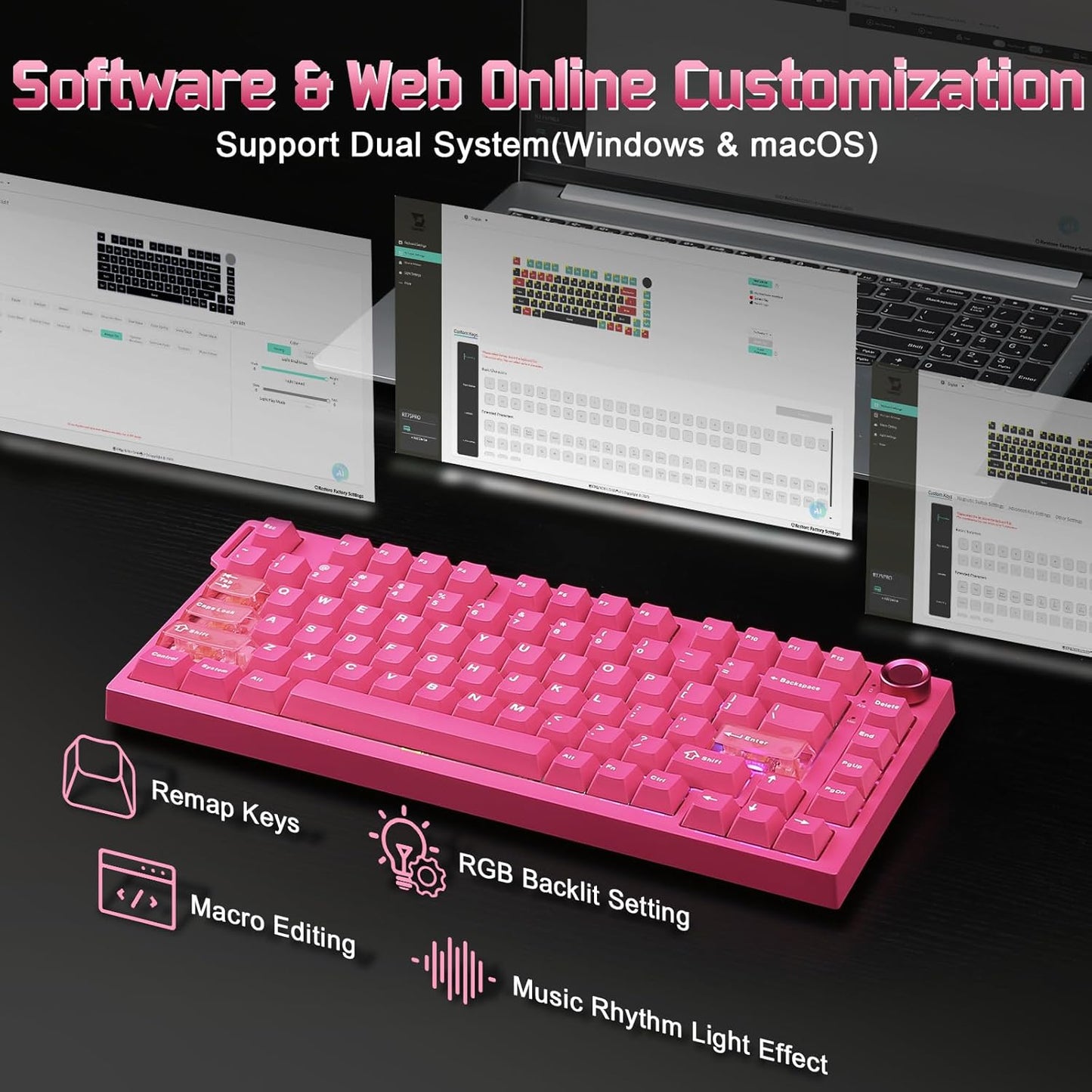 YUNZII RT75 PRO Wireless Gaming Keyboard,Hall Effect Mechanical Rapid Trigger Magnetic Keyboard Bluetooth/USB-C/2.4G Dual 8KHz Polling Rate &128K Scan,RGB Backlit,TGL/SOCD/DKS/MT (Pink,Red Switch)
