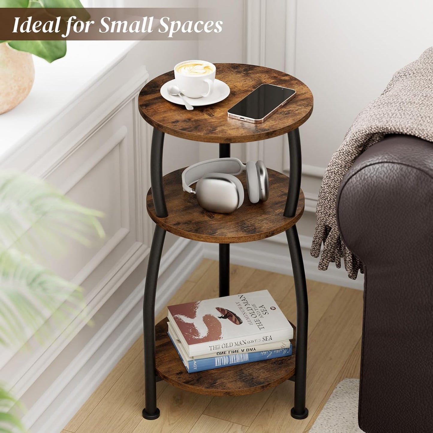 Small Round Side Table, 3-Tier End Table with Storage Shelf, Slim Coffee Table for Small Spaces, Industrial Sofa Table for Narrow Gaps in Living Room & Bedroom, Rustic Brown