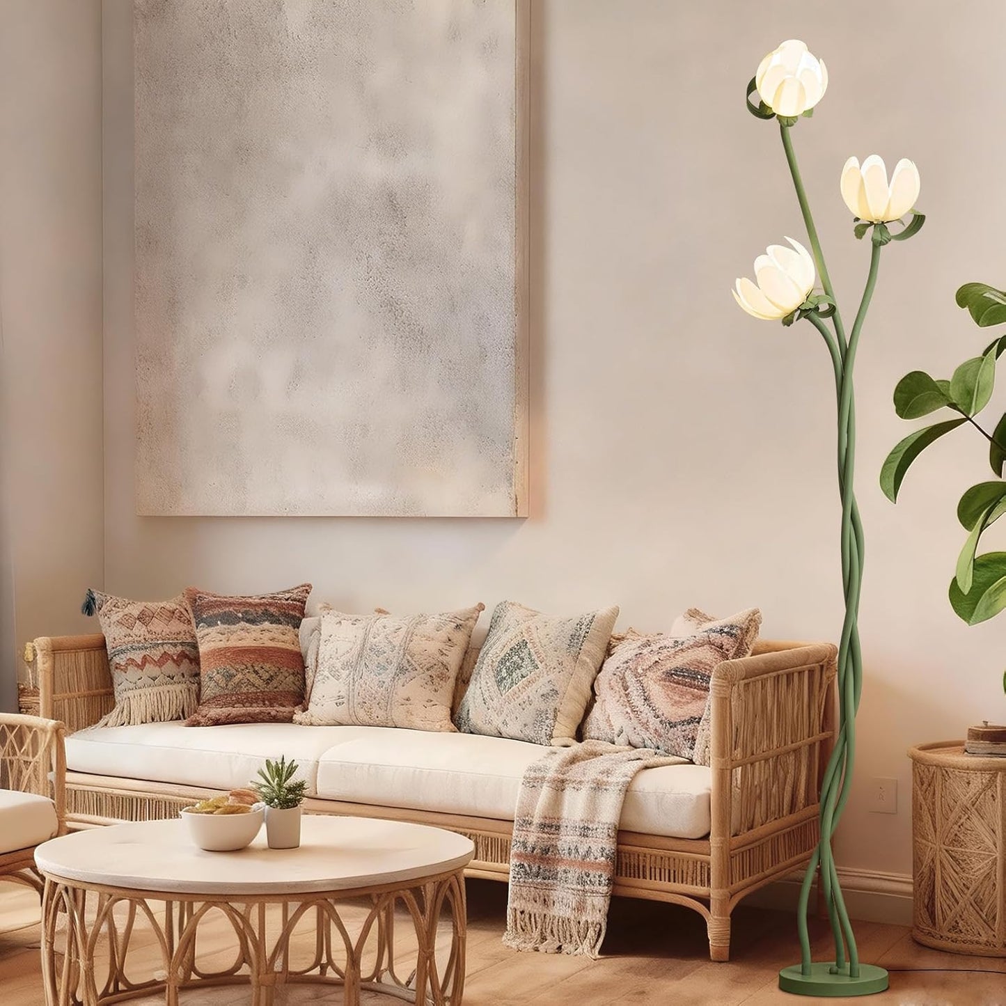 Vintage Floral Floor Lamp with 3 Adjustable LED Heads, Green Standing Lotus Light for Living Room Bedroom, 67" Tall Artistic Metal Lamp with Petal Shades, Foot Switch, LED Bulbs Included