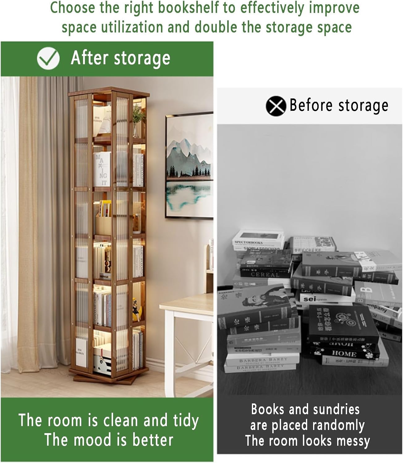 5/6 tier rotating bamboo bookshelf stackable corner bookshelf 360 rotating with storage acrylic small bookcase for small spaces Open Narrow Bookcase for Bedroom and Living Room, Study Room(Black,40*40