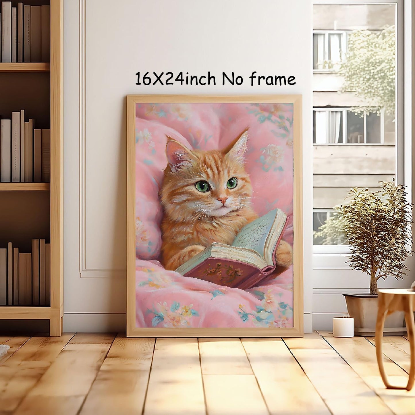 Cat Reading Book Wall Art Funny Aesthetic Cat Paintings Artwork Trendy Animal Poster Cats Floral Wall Art Animals Reading Books Prints Cute Pink Cats Picture Wall Decor 16x24in Unframed