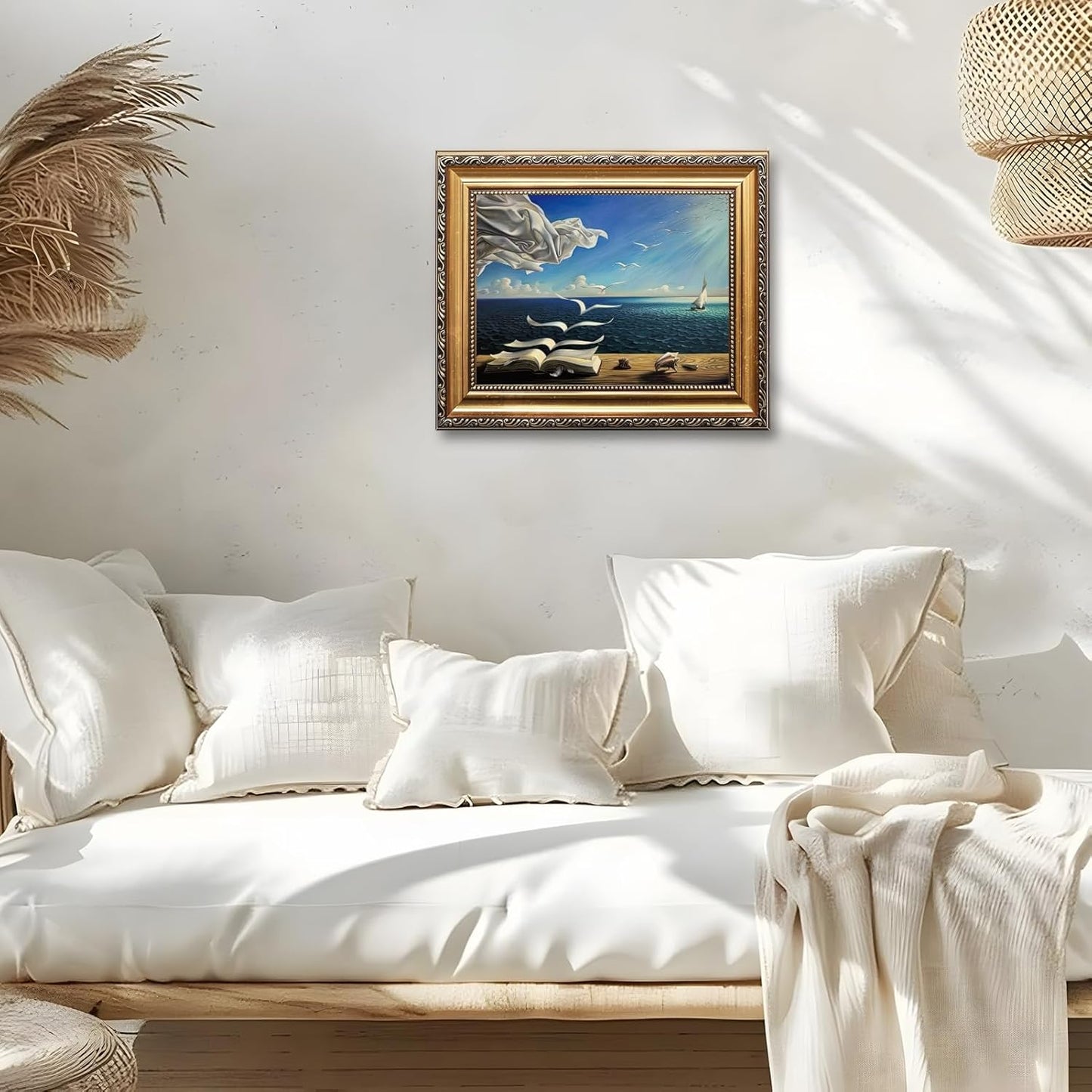 Qcrpnhy Surreal Ocean Dream Poster Wall Art Flying Pages And Seagulls Canvas Print Nautical Fantasy Book Scene Coastal Wall Decor For Living Room Bedroom Office 24x36inch Golden frame