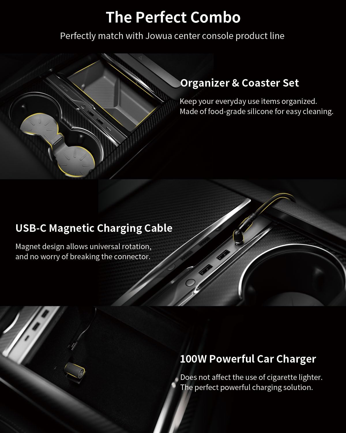 JOWUA Mini LED Hub Bar Compatible for Tesla Model S/X (2021+), 1 USB-C Port, 2 USB-A Ports