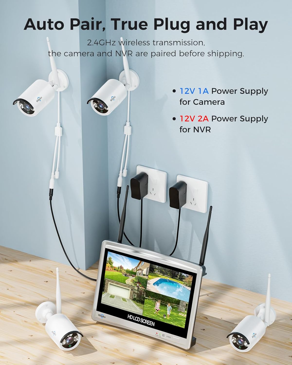 [16CH Expandable] Hiseeu Home Security System, 2.4G/5G Wireless WiFi Pro, 4K NVR with 12" LCD Monitor, 5MP Plug-in Powered Outdoor Bullet Cameras, 24/7 Recording, 3TB HDD, Night Vision, IP65