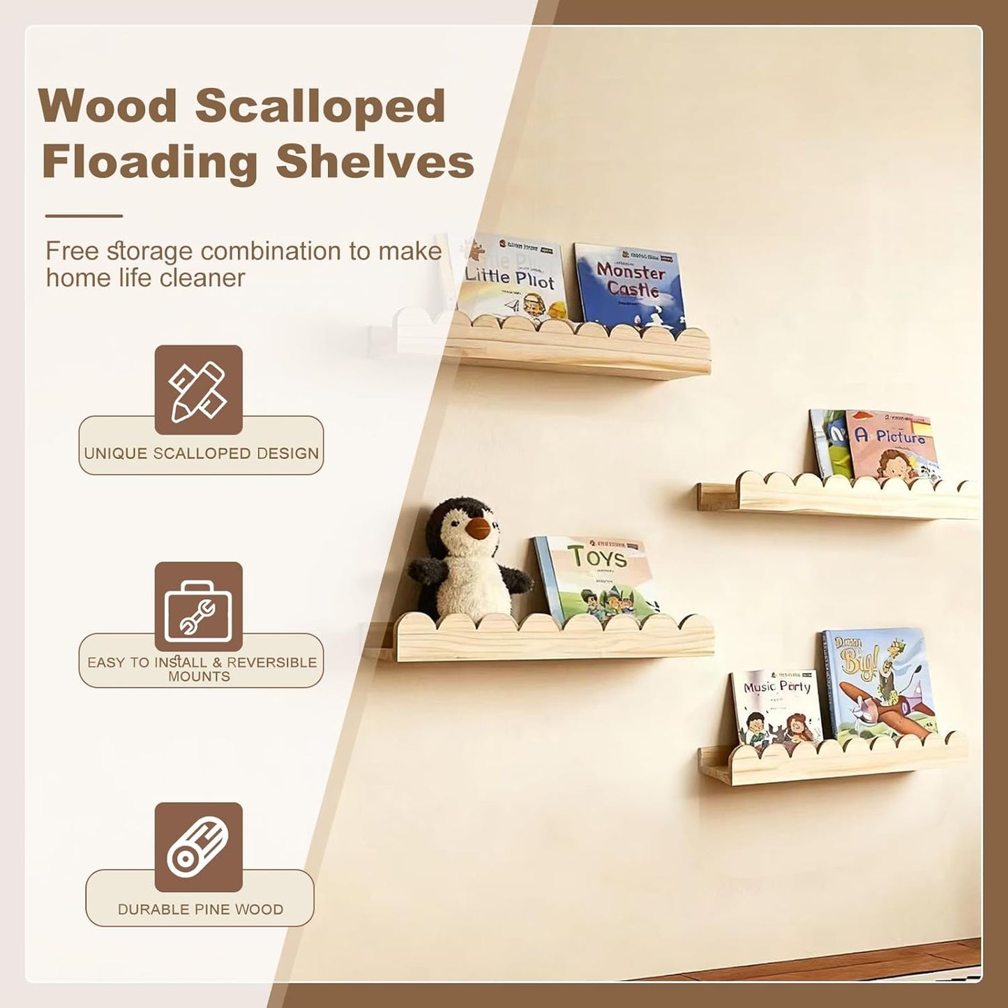 Scalloped Shelves for Nursery - Wall Book Shelves for Bedroom Kids, Nursery Bookshelf for Wall Set of 4, Floating Book Shelves Solid Wood,16 Inch, Natural