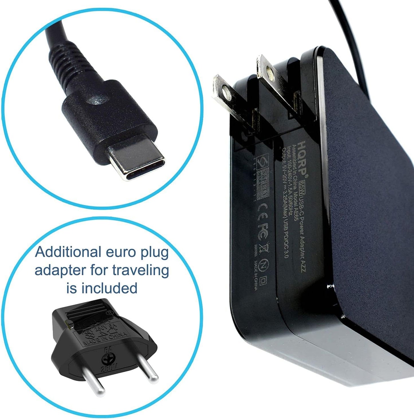 HQRP USB-C AC Adapter Compact Portable Fast Charger PD/QC 3.0 Type-C USB Power Supply Cord Black Cable (15W 27W 45W 65W 5V 9V 12V 15V 20V 3A 3.25A) Plus HQRP Euro Plug Adapter