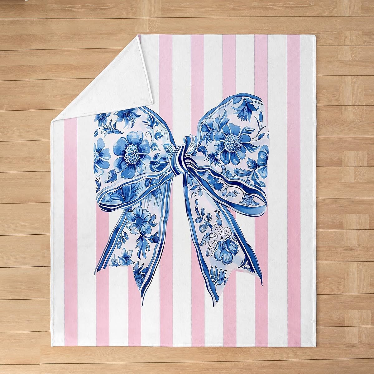 Feelyou Coquette Chinoiserie Bow Flannel Blanket Plush Fuzzy Blue and White Floral Fleece Throw Blanket Pink Bow Plush Lightweight Sofa Throw Modern Aesthetics 40"x50" Stripes Pattern for Living Room