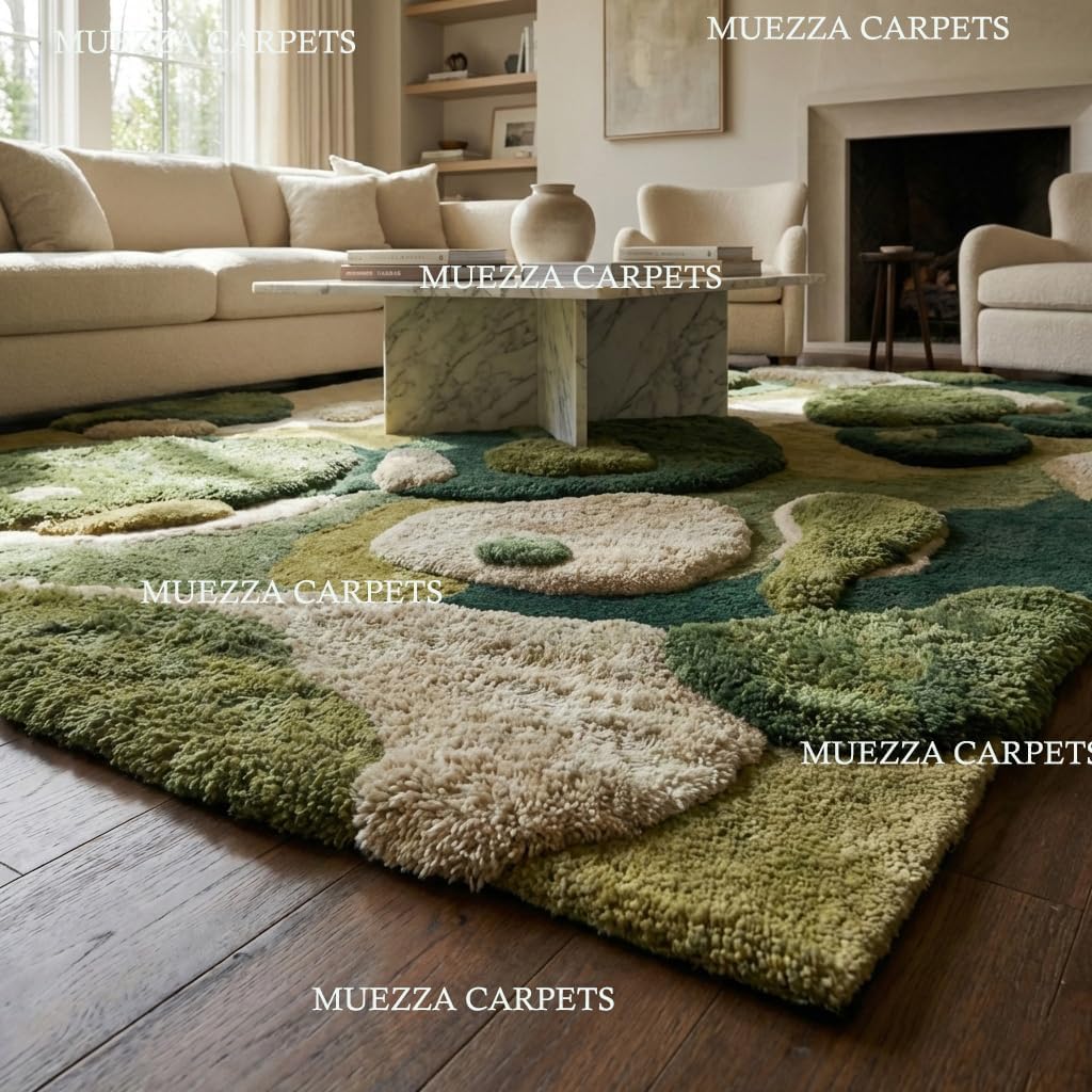 Hand Tufted Wool Abstract Area Rug 3x5 ft | Plush Modern Green Beige Accent Rug | Sculpted Organic Style