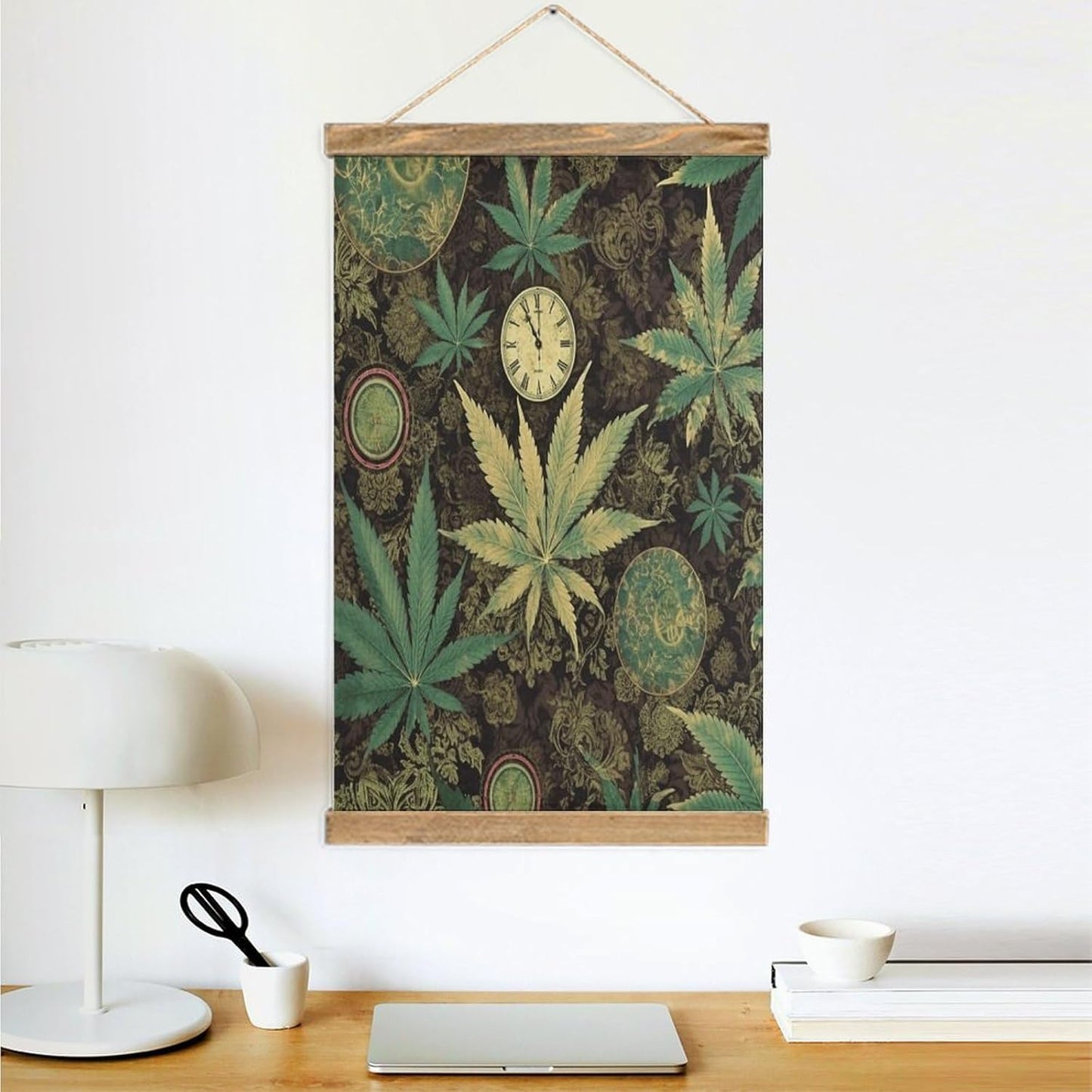 Vintage A Puff in Time Weed Marijuana Poster with Wooden Frame Personalized Linen Hanging Scroll Painting Rustic Wall Hanging Illustrative Modern Artwork Decor for Home Living Room Bedroom Office