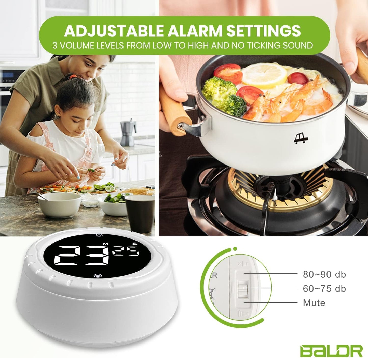 BALDR Digital Kitchen Timer with Rotating Desk Display, Strong Magnet, Count Up/Down & Beeping Alerts - Productivity Timer & Magnetic Timers for Classroom and Kitchen (White)