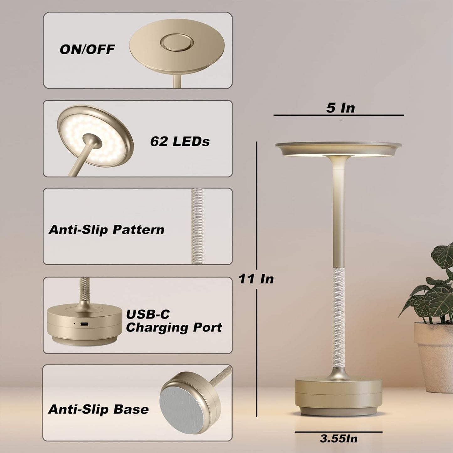 1 Pack Rechargeable Table Lamps Cordless, Portable 5000mAh Outdoor Table Light, 3 Color Stepless Dimming LED Table Lamp with Memory Function, for Home/Dinner/Patio/Restaurant.(Champagne Gold)