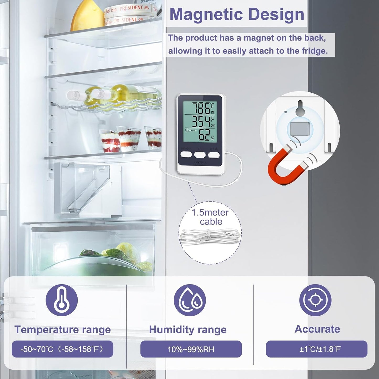JXTZ Refrigerator Thermometer with External Sensor, LCD Display Indoor Temperature and Humidity Gauge, Fridge and Freezer Thermometer, Max/Min Temperature in 24H, for Aquarium, Refrigerator, Freezer