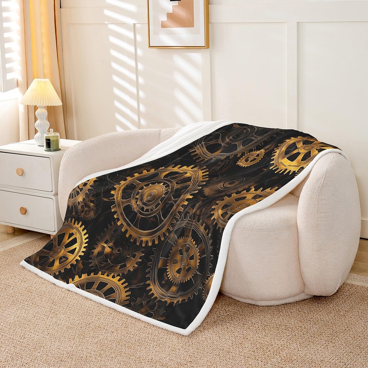 Erosebridal Golden Ndustrial Gear Fuzzy Blanket Steampunk Style Throw Blanket Clocks Theme Bed Blanket for Boys Men Mechanical Device Fleece Blanket Twin Warm Flannel, Black