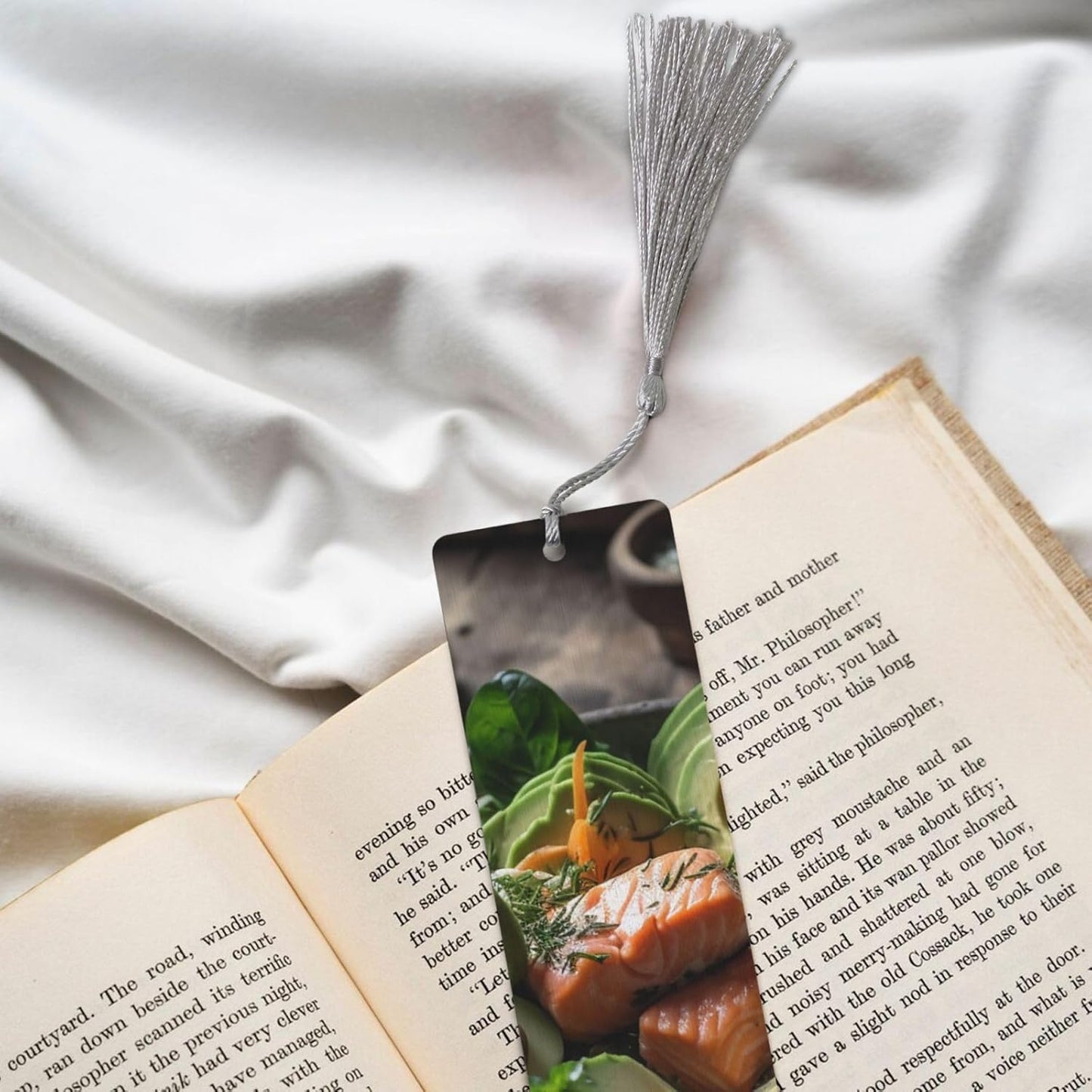 Food in Bowl Bookmarks Gifts for Women Men, Wooden Bookmarks for Book Lovers, Vintage Book Marks Ornaments with Tassel, Unique Personalized Reading Page Markers Gray
