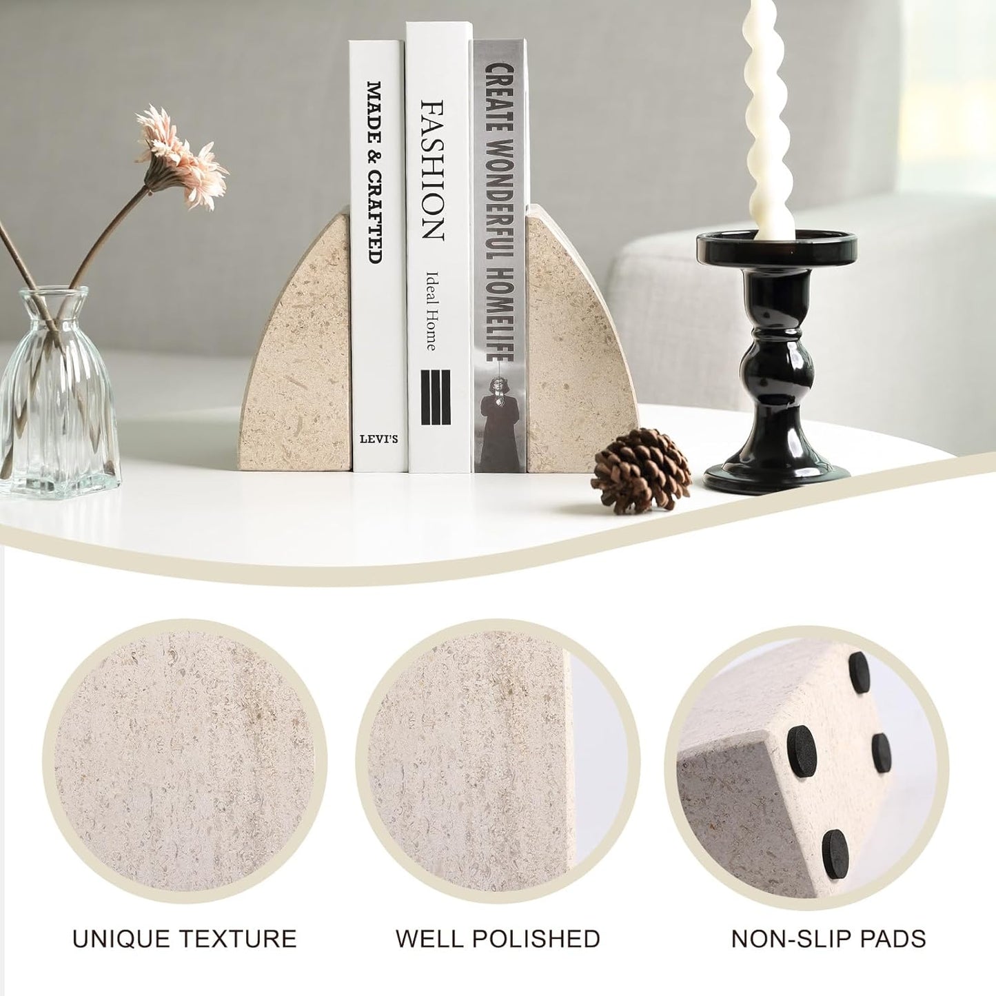 Koville Marble Bookends for Shelves, Large Bookends for Heavy Books, Non-Slip Heavy Duty Book Stopper for CD/Movies, Aesthetic Decorative Bookends for Shelves Table Home Decor(Brown)