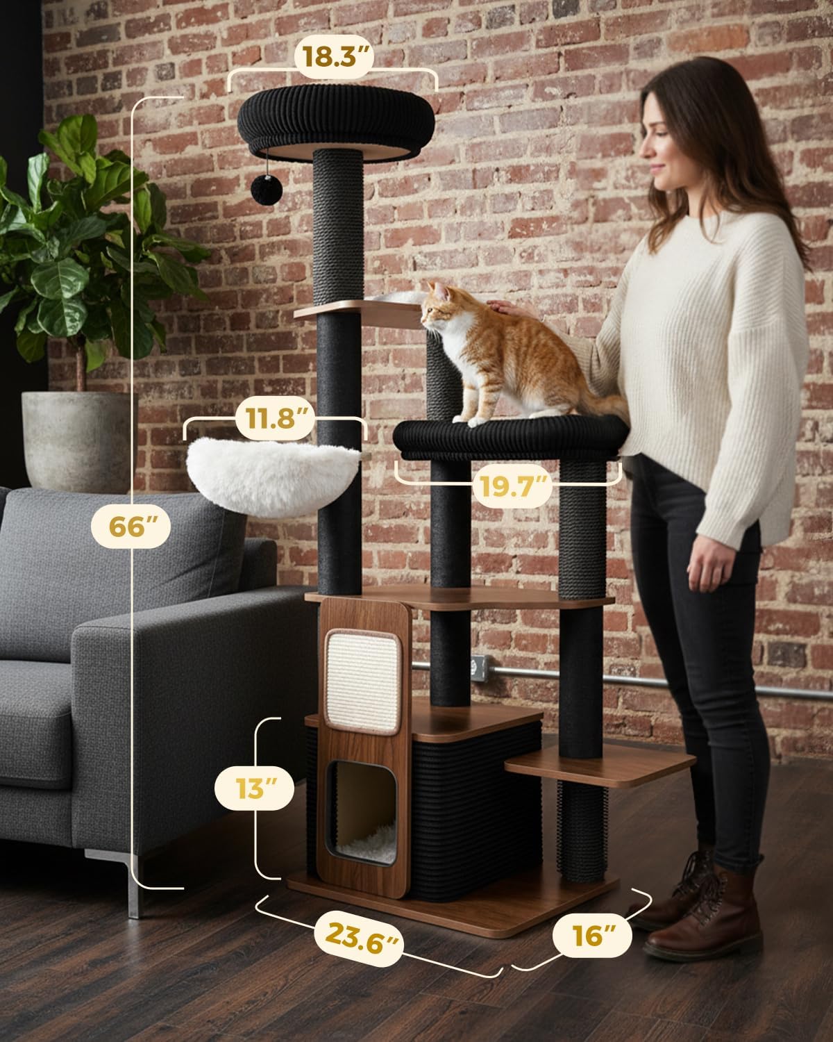 63" Modern Cat Tree Tower for Indoor Cats, Heavy Duty Cat Trees for Large Cat, Adult Maine Coon Cat Tree Tower with Scratching Post, Extra Large Top Perch, Cat Condos, Jet Black
