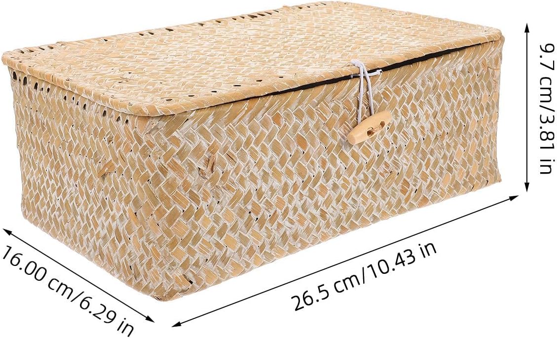 Handwoven Wicker Storage Box with Lid, Rectangular Woven Basket 26x16x10cm, Decorative Living Room and Closet Organizer for Home Storage