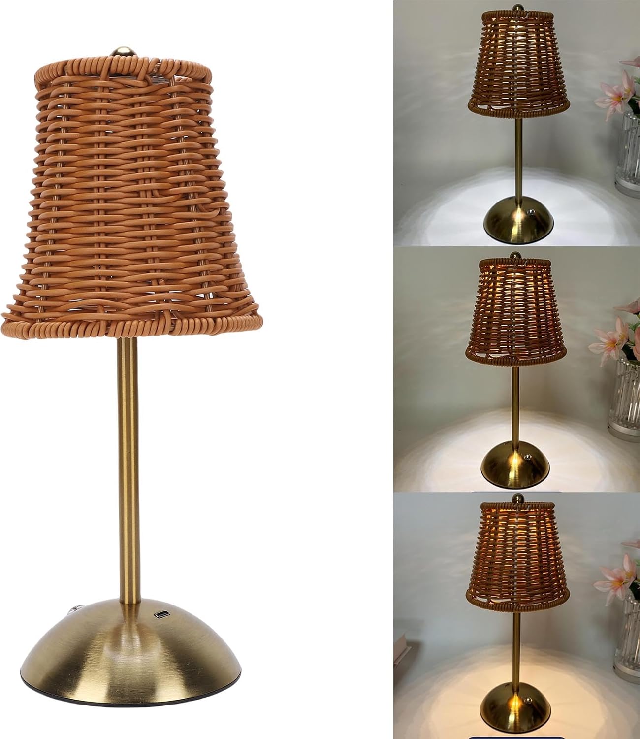Rattan Table Lamp, Vintage Rattan LED Rechargeable Reading Light, 3 Color Temperatures Dimmable Bedside Lamp, Wicker Night Light for Bedroom, Living Room, Office (Brown Lampshade)