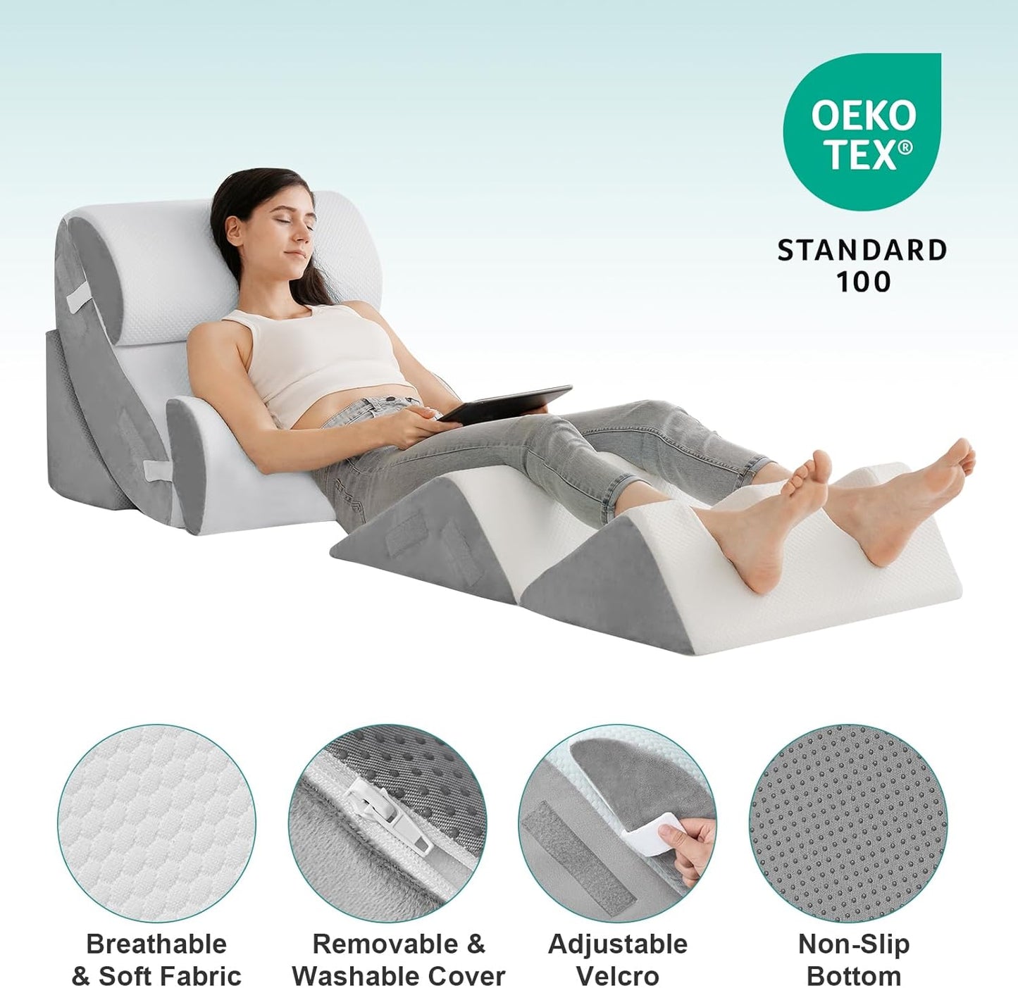Hansleep Bed Wedge Pillow Set for After Surgery 6PCS, Post Surgery Pillow for Sleep Apnea and Acid Reflux Relief, Adjustable Reading Pillows Back Support with Memory Foam, White, 23"